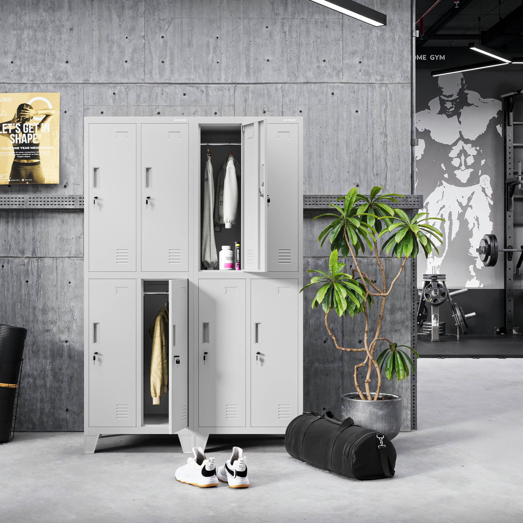 Jan Nowak Spind Metall Schliessfachschrank 4 Fächer Metallschrank abschliessbar 56 x 172 x 45 cm Sozialschrank mit Belueftung Kleiderstange Personalspind