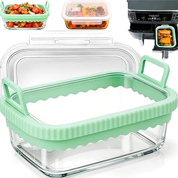 Glas Auflaufform Airfryer für Ninja Heißluftfritteuse mit Silikongriffen - Airfryer Zubehör für Cosori, Ninja, Philips uvm, Hitzebeständig, Kraztfest, Spülmaschinenfest, Herausnehmbarer Silikonring