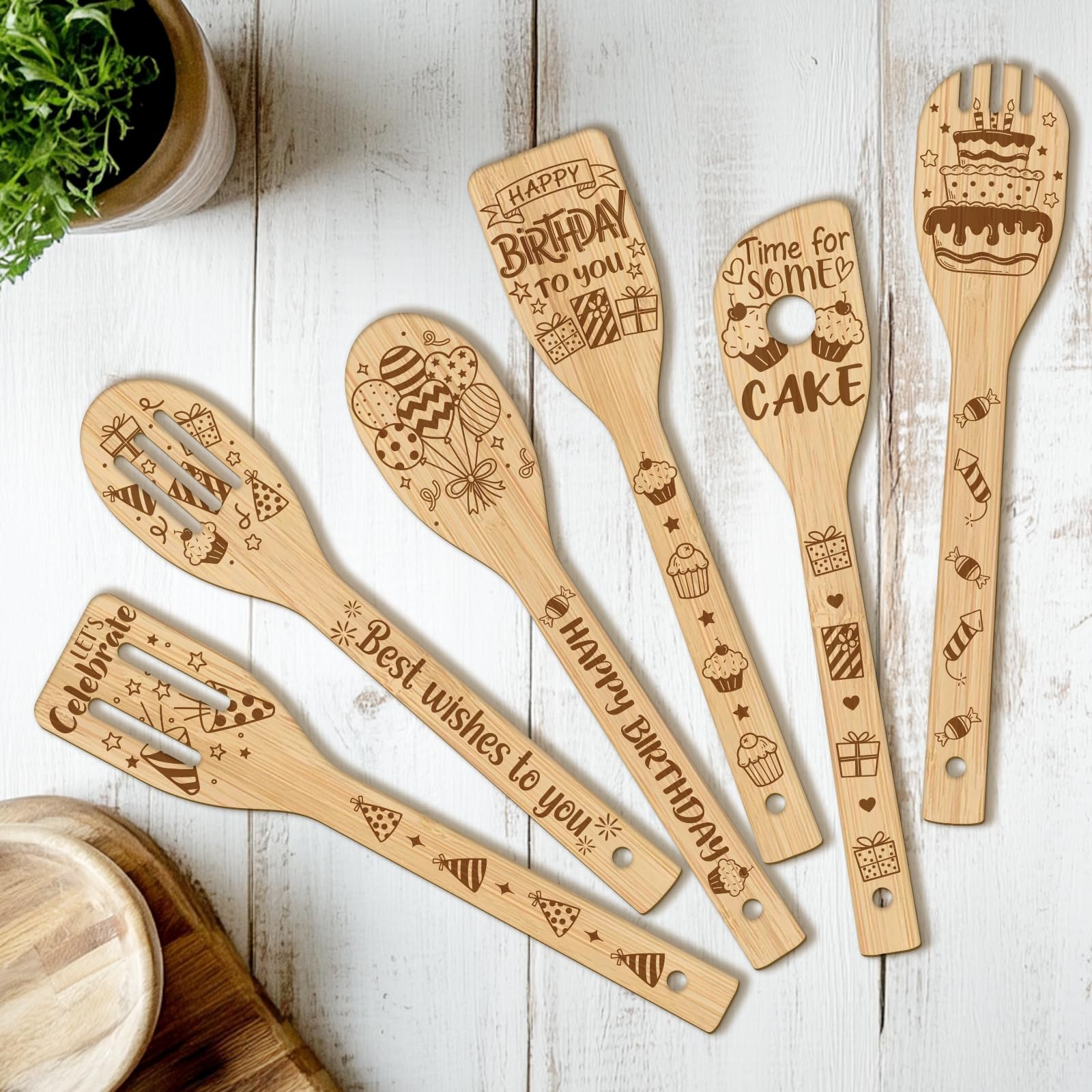 CUTHOLLOW 6PCS Happy Birthday Wooden Kitchen Cooking Utensil Set