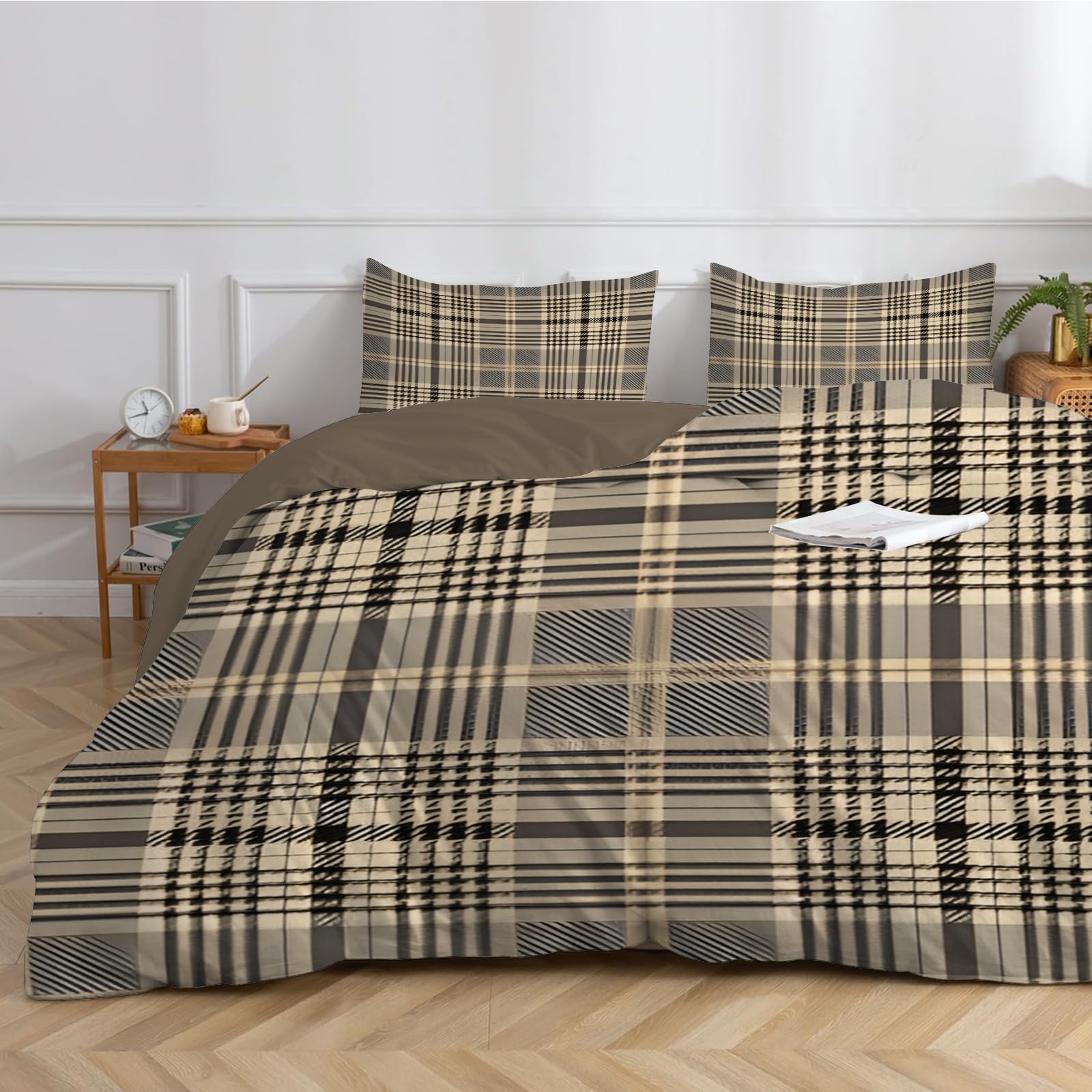 Dyausi Brown Beige Duvet Cover Sets Plaid Tartan Reversible Superking Size Duvet Cover Sets With Zipper Closure Soft Breathable Microfiber Quilt Cover 260X220cm And Pillowcases - Super King
