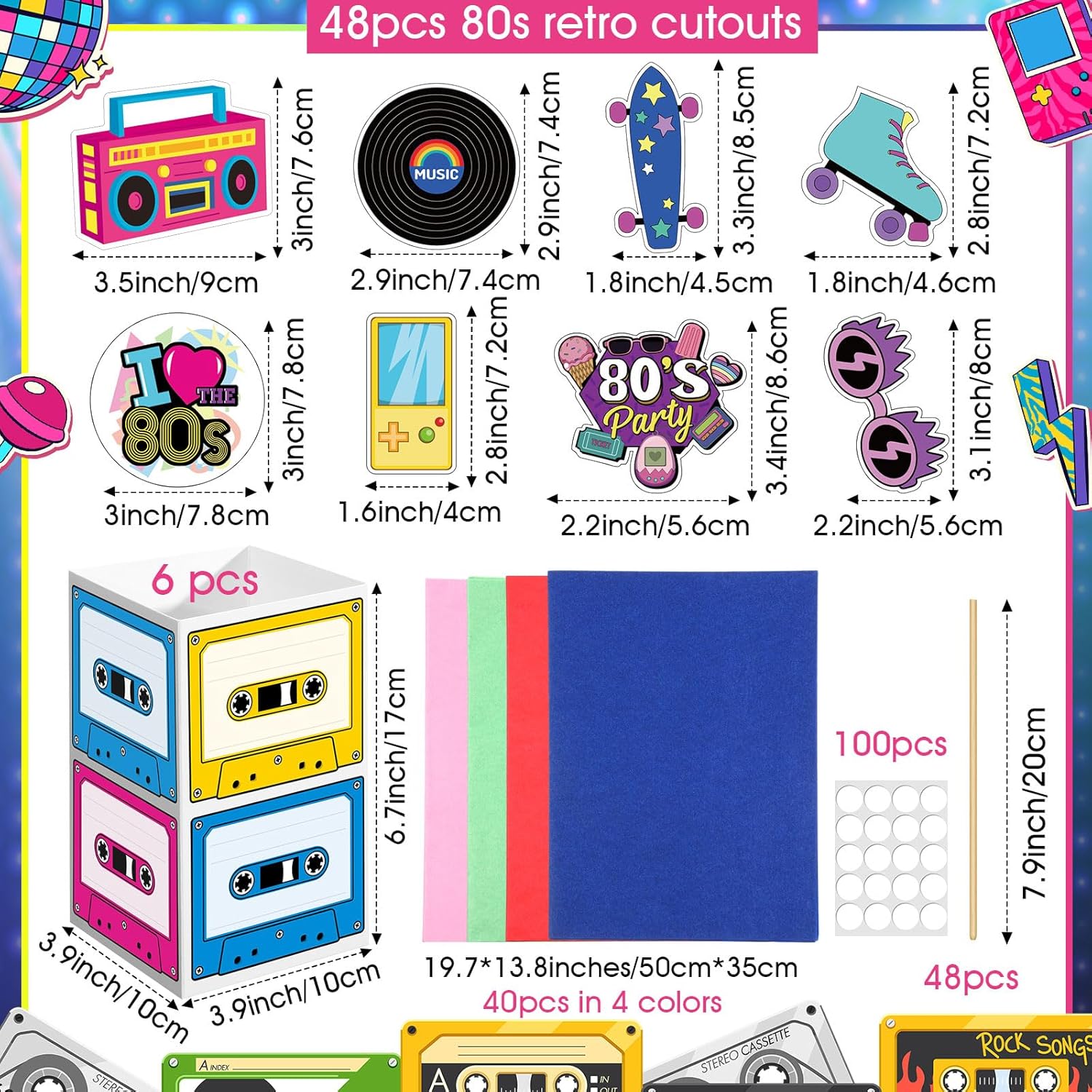 6 Sets 80's Retro Party Decorations 80's Centerpieces Retro Hip Hop Table Toppers with Cassette Tape Box 1980's Cutouts and Sticks for Shower Party Birthday Decor - Image 2