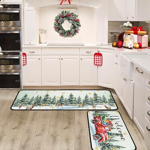 Miniatura 9 de Juego de 2 alfombras y tapetes de cocina de Navidad para camión, decoraciones navideñas para el hogar, parte trasera antideslizante, tapete de