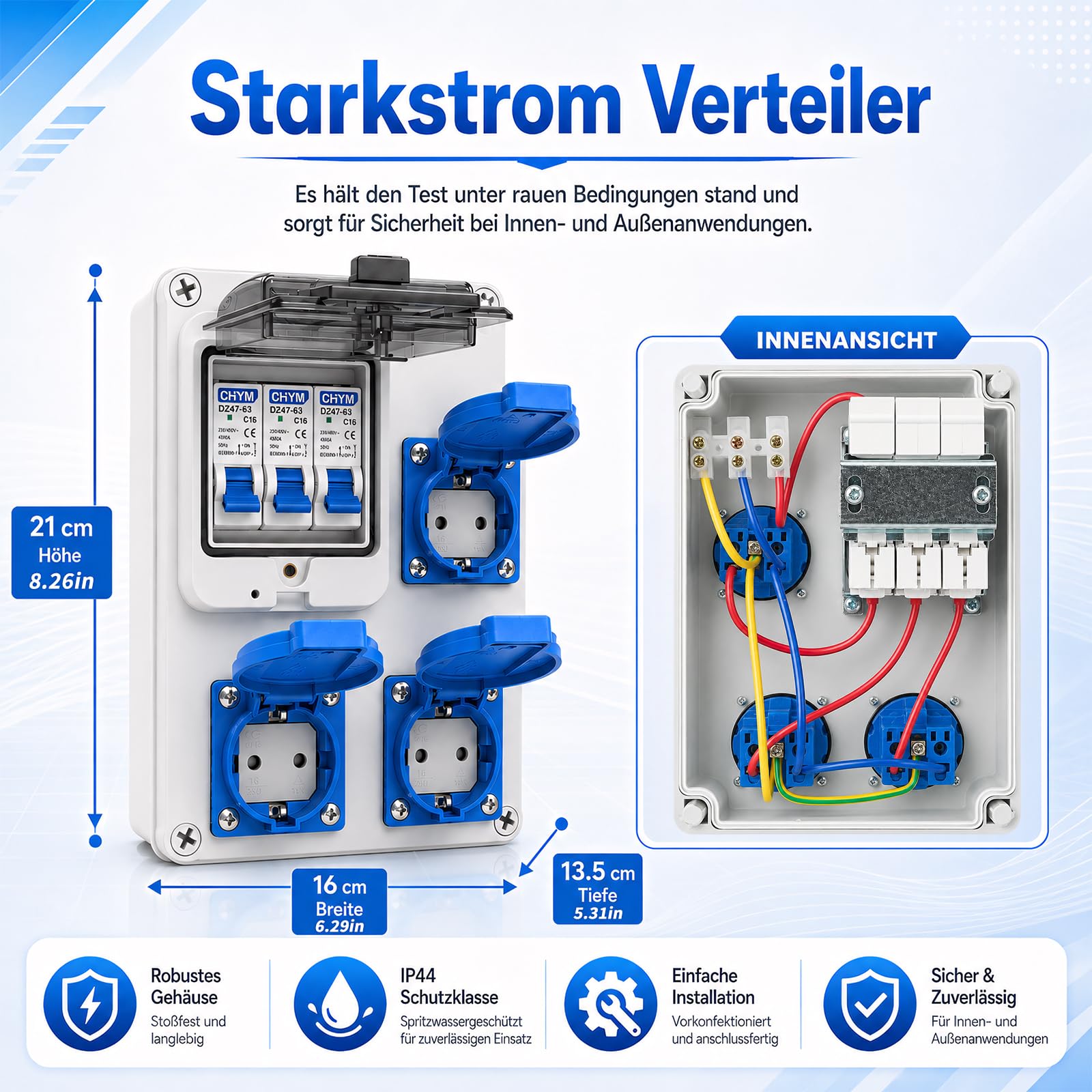 Baustromverteiler Vorverkabelt, 3x 230V/16A Schuko Steckdosen und 3xC16 LS-Schalter, Wandverteiler Stromverteiler IP67 Wasserdicht Gehäuse, Wetterfest Innen Außen Baustelle Werkstatt Außenbereich
