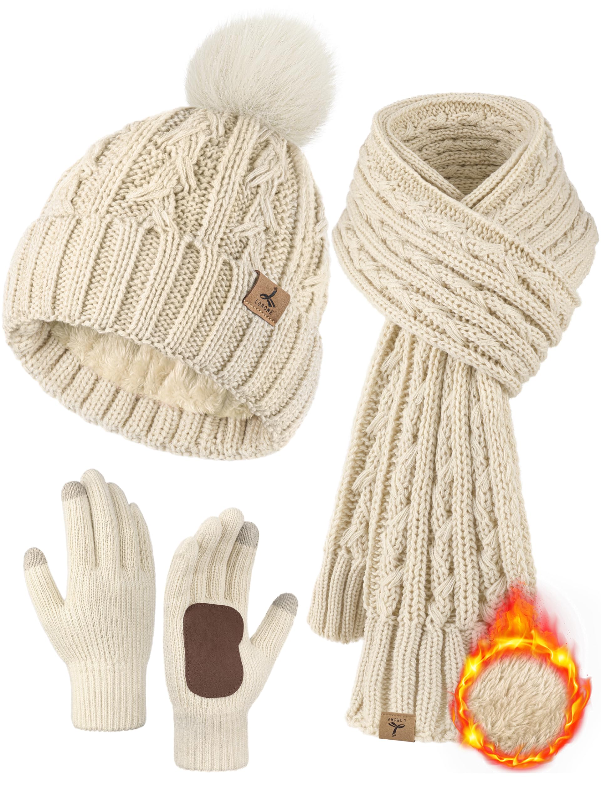 Wintermütze, Schal, Handschuhe, Set, Fleece-gefüttert, Bommelmütze, warm, gestrickt, langer Schal, Touchscreen-Handschuhe, Wintergeschenk für Damen