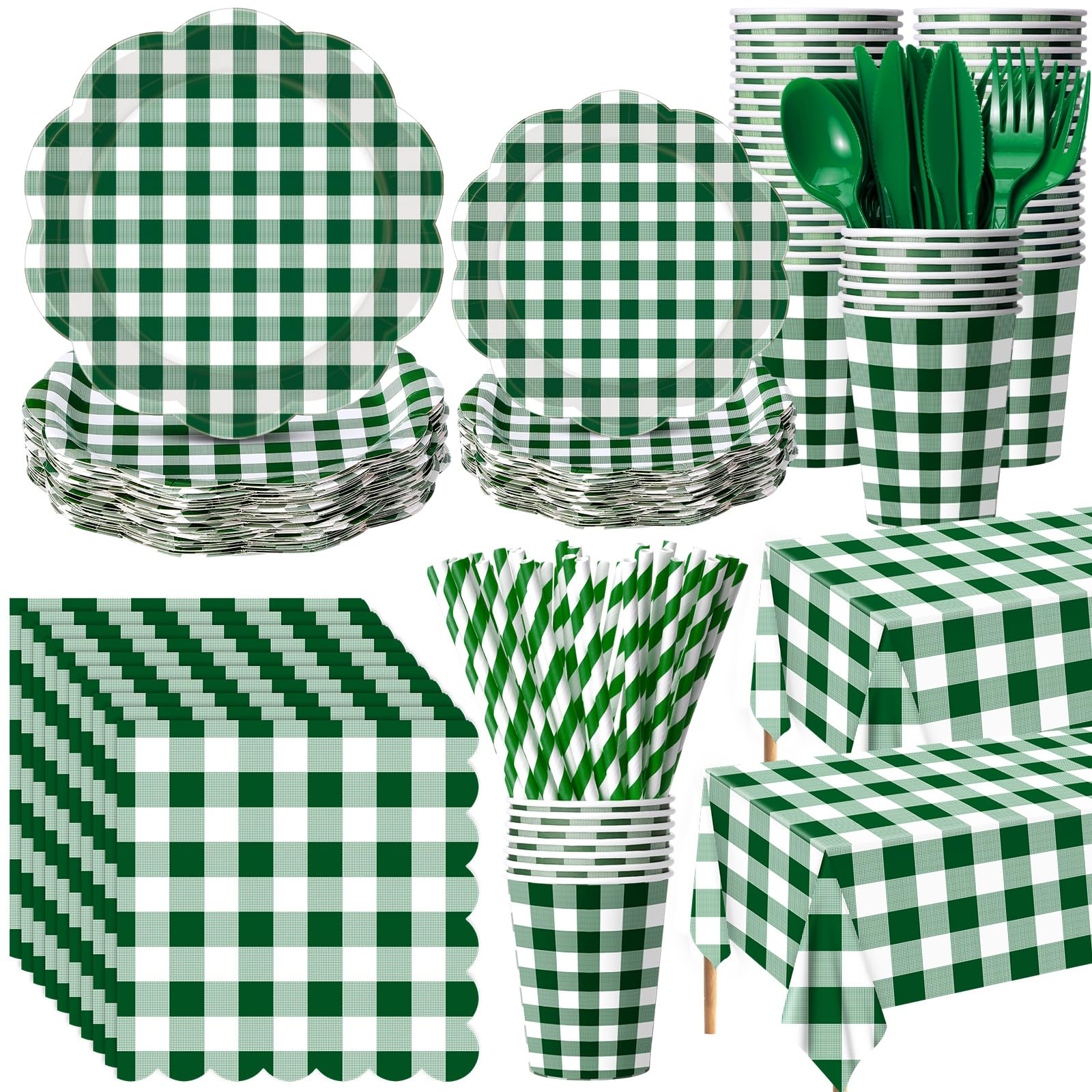 452 Pcs Green Gingham Party Supplies for 50, White and Dark Green Checkered Paper Plates Napkins Cups Tablecloth Cutlery Straws for Picnic Camp Birthday Baby Shower Wedding Party Decoration