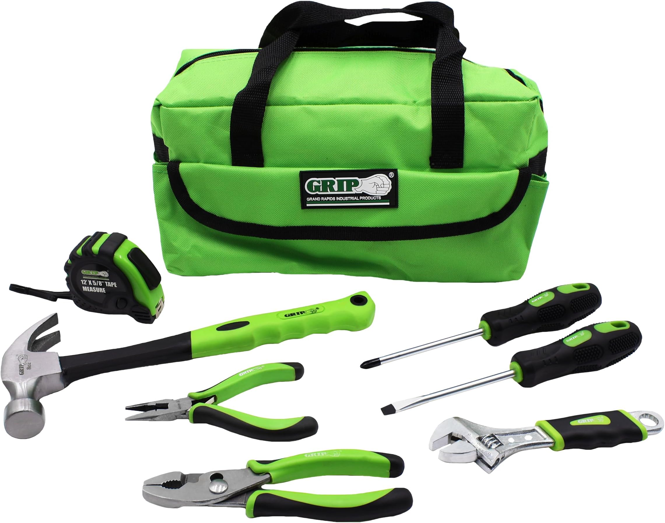 Grip 8 pc Children's Tool Set - Small Handled Real Tools - Hammer, Adjustable Wrench, Pliers, Screwdrivers, Tape Measure - Woodworking Projects