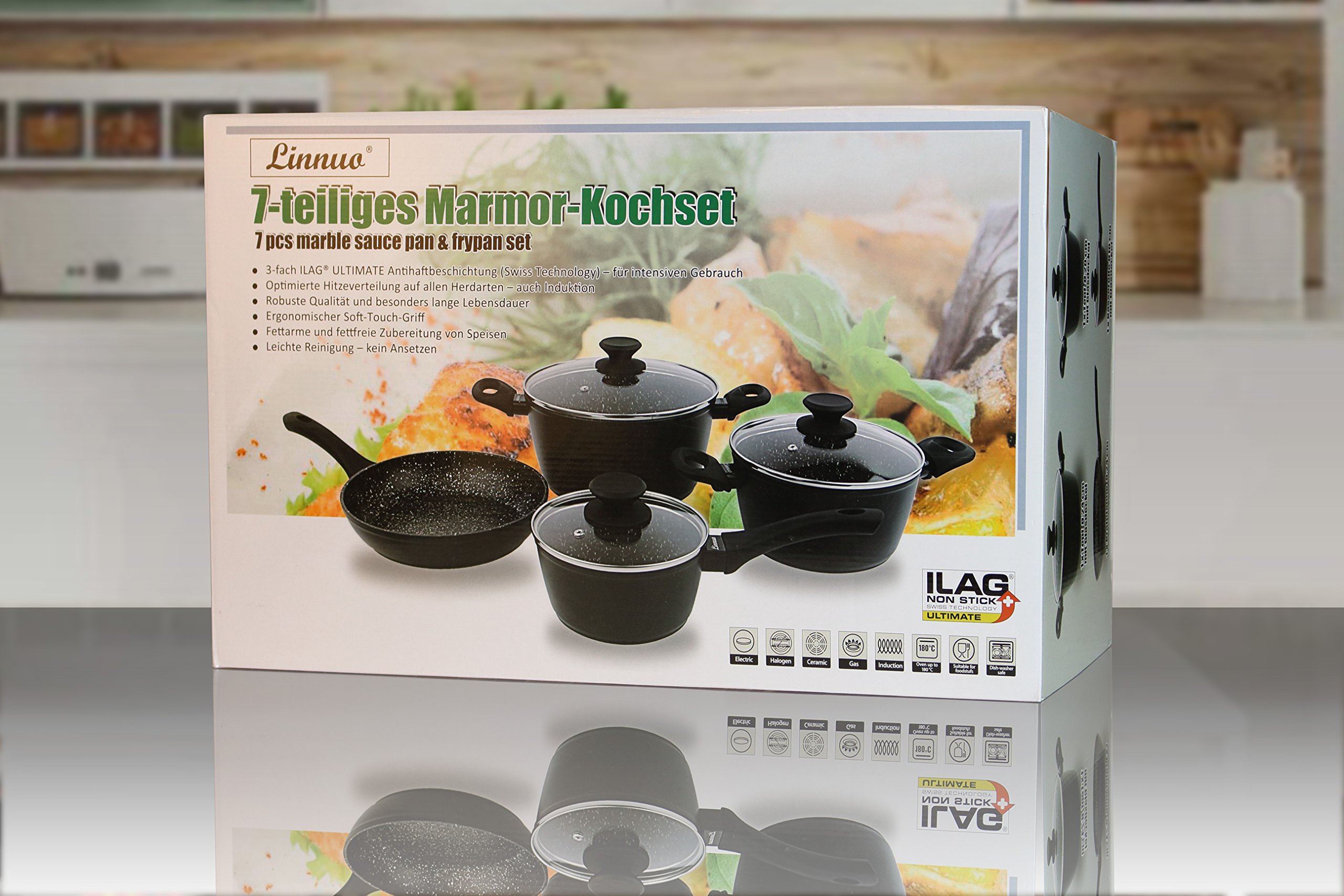 Linnuo Topfset Topf Pfannenset 7tlg - 3 Töpfe mit Glasdeckel & 1 Pfanne - Alu Kochtopf Set Marmor Keramik beschichtet PFOA frei - Topfset Induktion geeignet für alle Herde - Griff nicht heiß - Schwarz