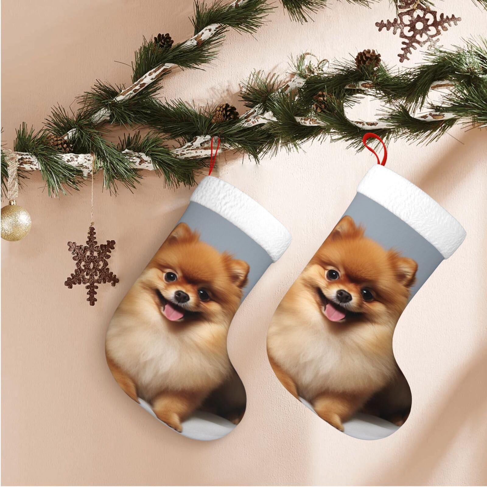 Cute Pomeranian Christmas Stockings Velvet Xmas Fireplace Hanging Stocking with Plush Cuff Rustic Christmas Santa Stockings for Home Christmas Decorations Party Favor Supplies