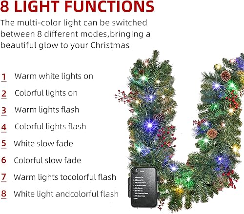 Miniatura 5 de Guirnalda de Navidad con luces de 9 pies, guirnalda de Navidad iluminada, funciona con pilas, 8 modos de iluminación, 50 luces LED, guirnalda de