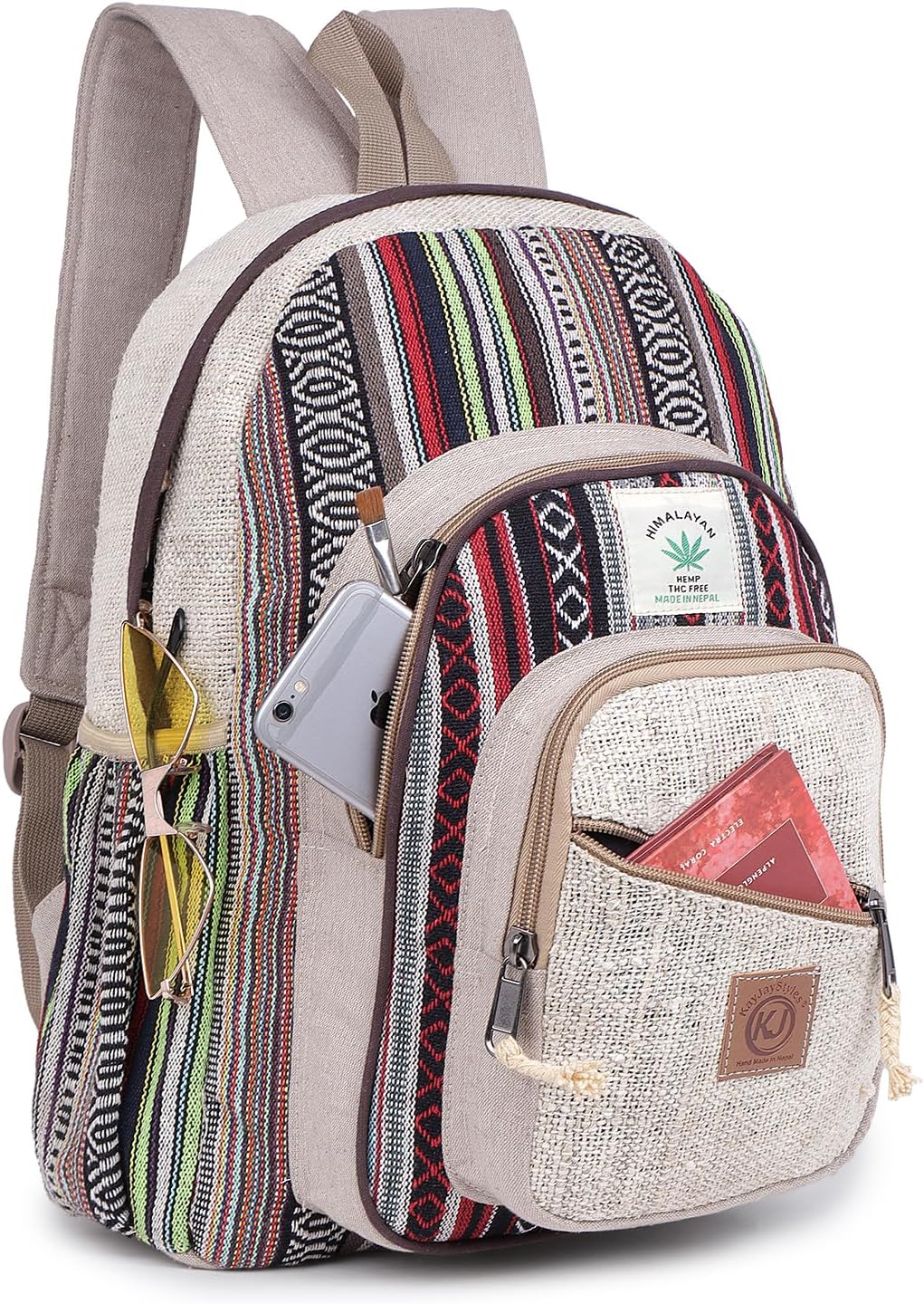 KayJayStyles Natrlicher handgefertigter groer Rucksack aus Hanf mit mehreren Taschen, Nepal