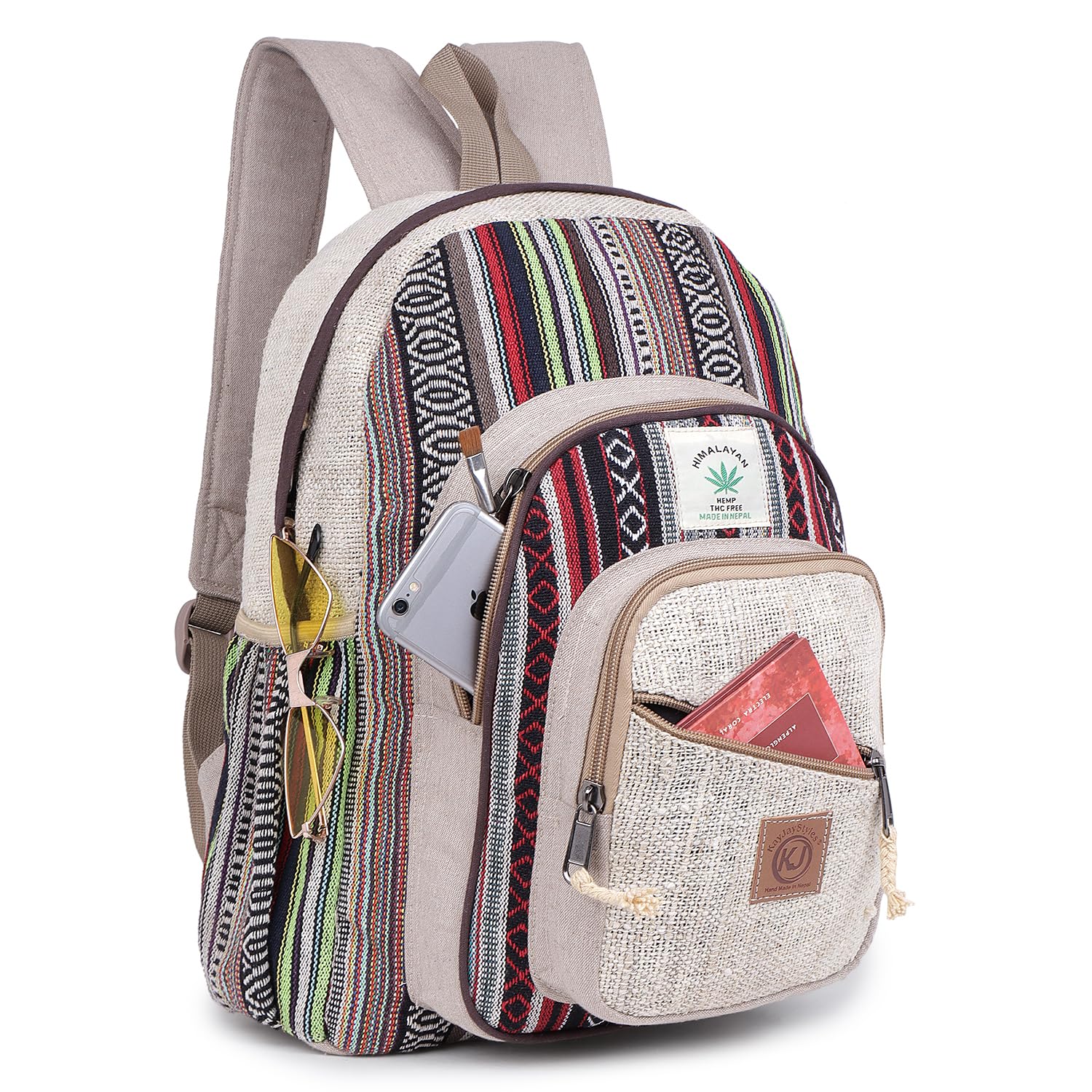 KayJayStyles Natrlicher handgefertigter groer Rucksack aus Hanf mit mehreren Taschen, Nepal