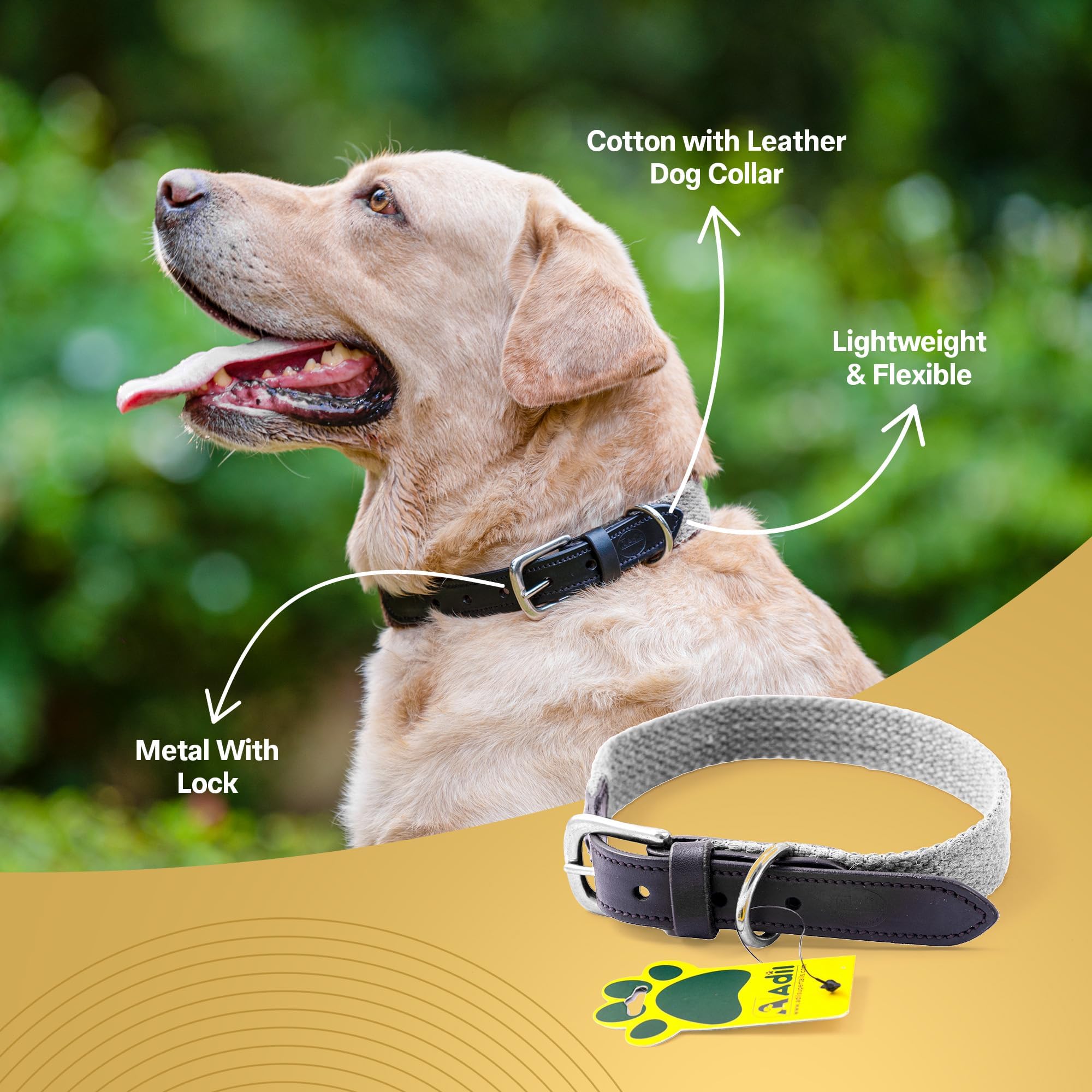 Sparrow Daughter Plain Cotton Dog Collar with Leather Reinforcement Adjustable Soft Breathable Neckbelt Heavy Duty Brass Hardware Strong D-Ring Walking Training Pets - Grey, XL 4