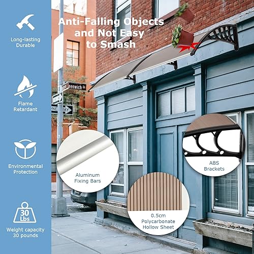 Miniatura 4 de Toldo para puerta de ventana de 80 x 40 pulgadas, cubierta de policarbonato para puerta de entrada, toldo exterior para ventana exterior, UPF 50+,