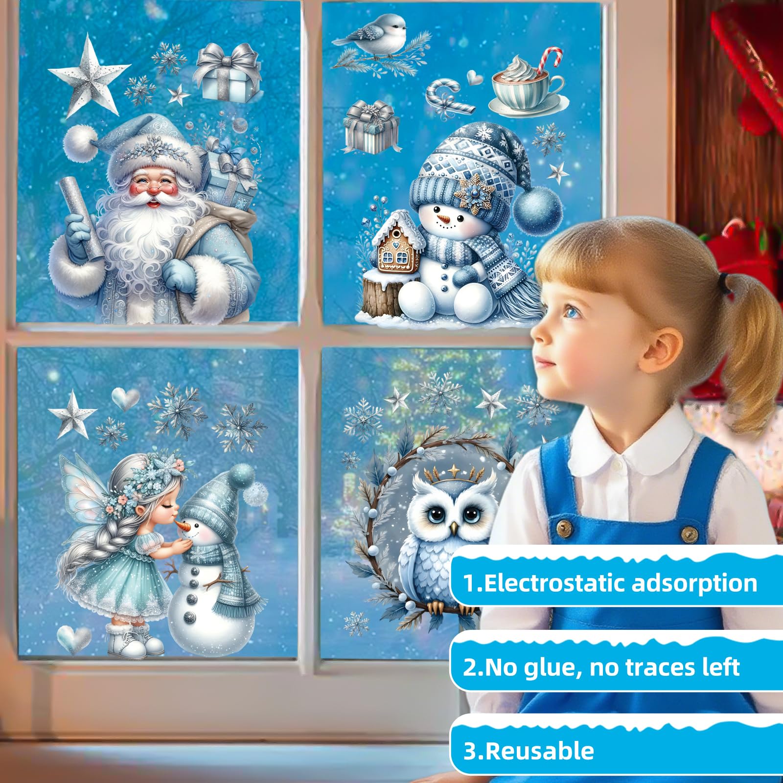 Autocollants Fenêtre Noël Réutilisables - 9 Feuilles 30x20 Cm - Motifs Père Noël, Flocons - Sans Colle, Amovibles