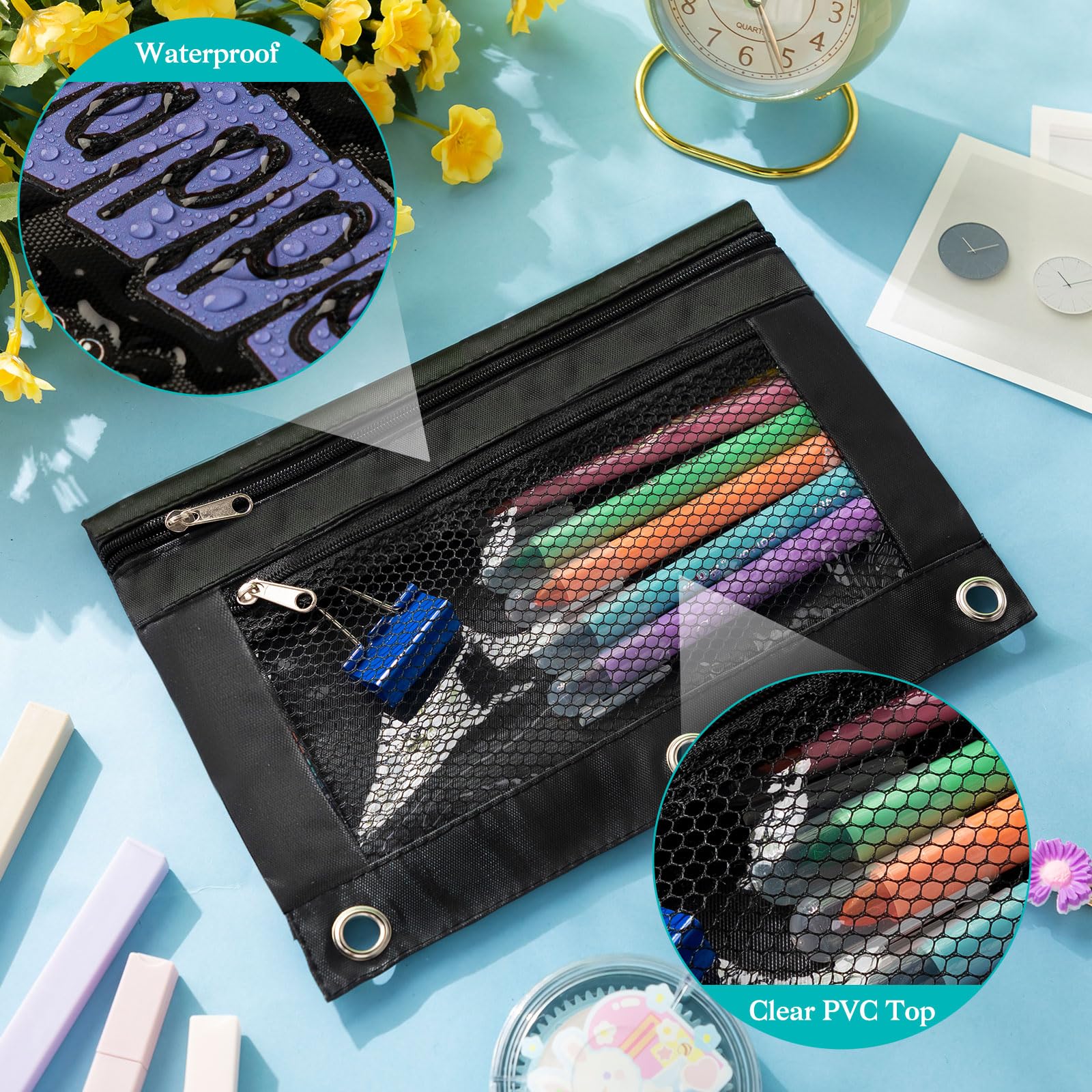 Honoson Estuche inspirador de 36 piezas para lápices con 3 anillos con cremallera doble para aula, estuche para lápices para escuela, aula, estudiantes, niños, oficina, suministros para el hogar