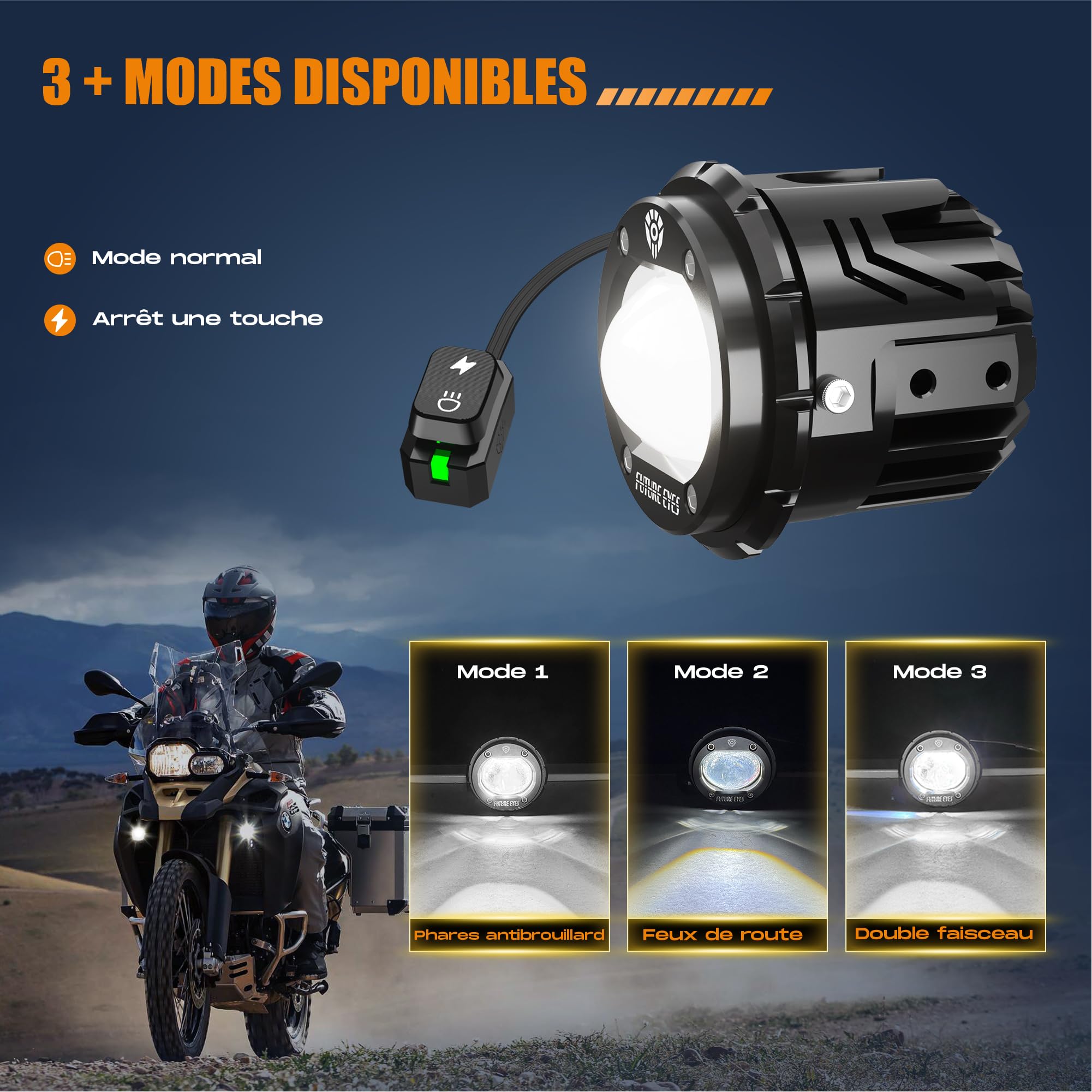 Future Eyes Phare Antibrouillard LED pour Moto, Projecteur Auxiliaire 60W avec Rotation à 360°, Feux de Route/Feux de Croisement, Éclairage Étanche pour Conduite Nocturne, ATV, UTV et Phares de Moto