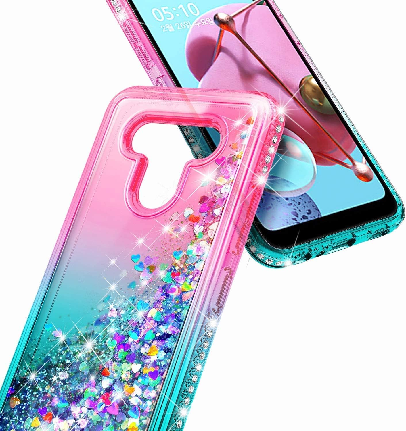 E-Began Case for LG K51, LG Reflect LTE (L555DL) with Tempered Glass Screen Protector (Full Coverage), Sparkle Glitter Flowing Liquid Bling Diamond, Girls Women Kids Cute Phone Cover Case -Pink/Aqua