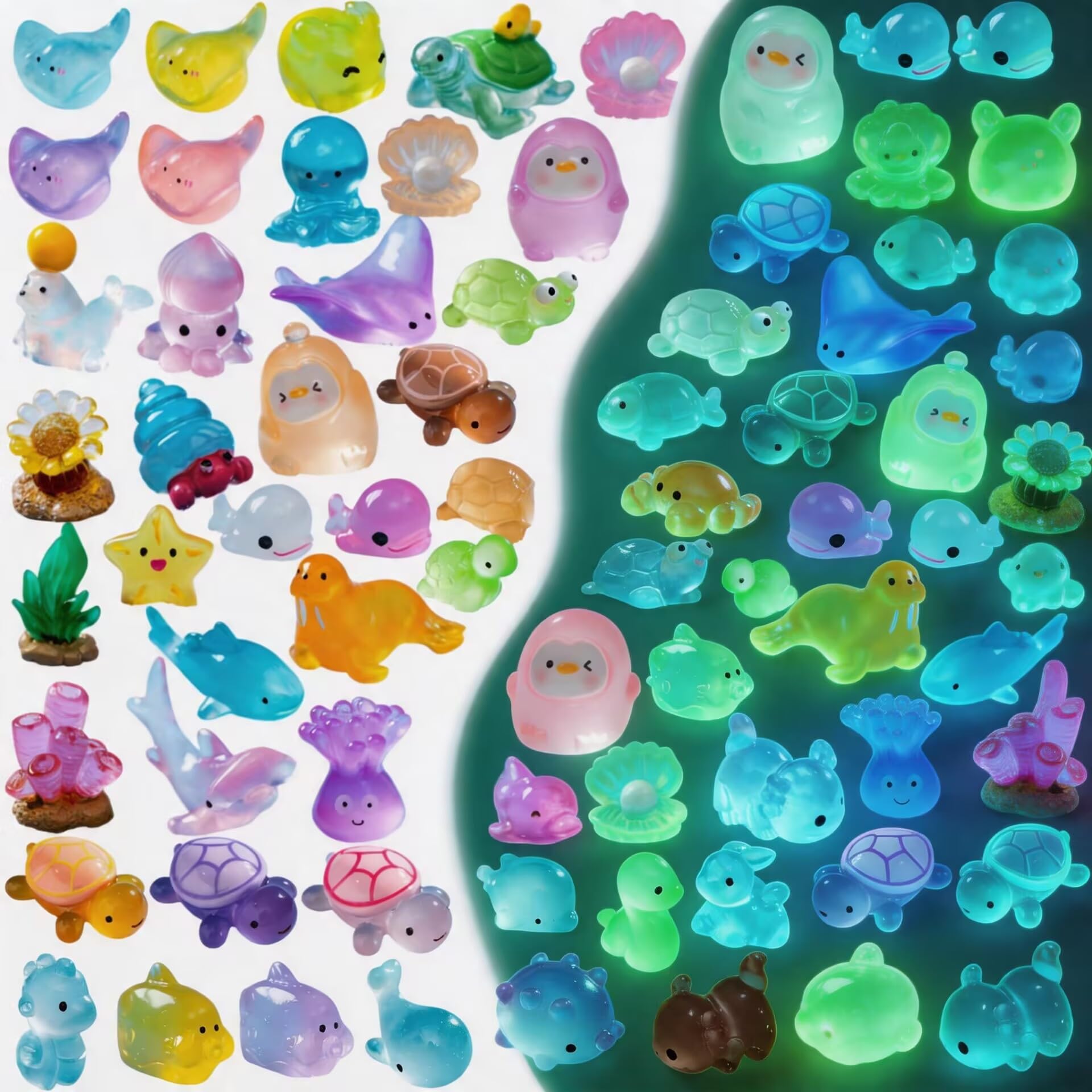 SHIFANQI 55pcs Luminous Mini Ocean Resin Animals, Tiny Sea Animals Glow in The Dark Miniature Little Small Plastic Glass Animal Figures Bulk for Fairy Garden Aquarium Decor