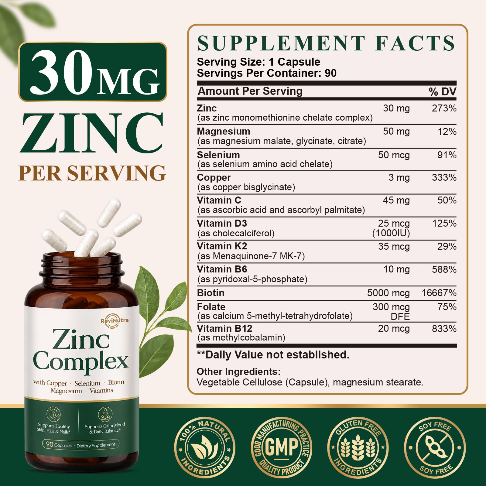 Zinc 30mg with Copper, Selenium, Magnesium, Vitamin C, D3, K2, B6, B12, Biotin & Folate - Chelated Zinc Complex for Women & Men - Immune, Hair, Skin, Nails & Daily Wellness Support - 90 Capsules — Amazon image 2