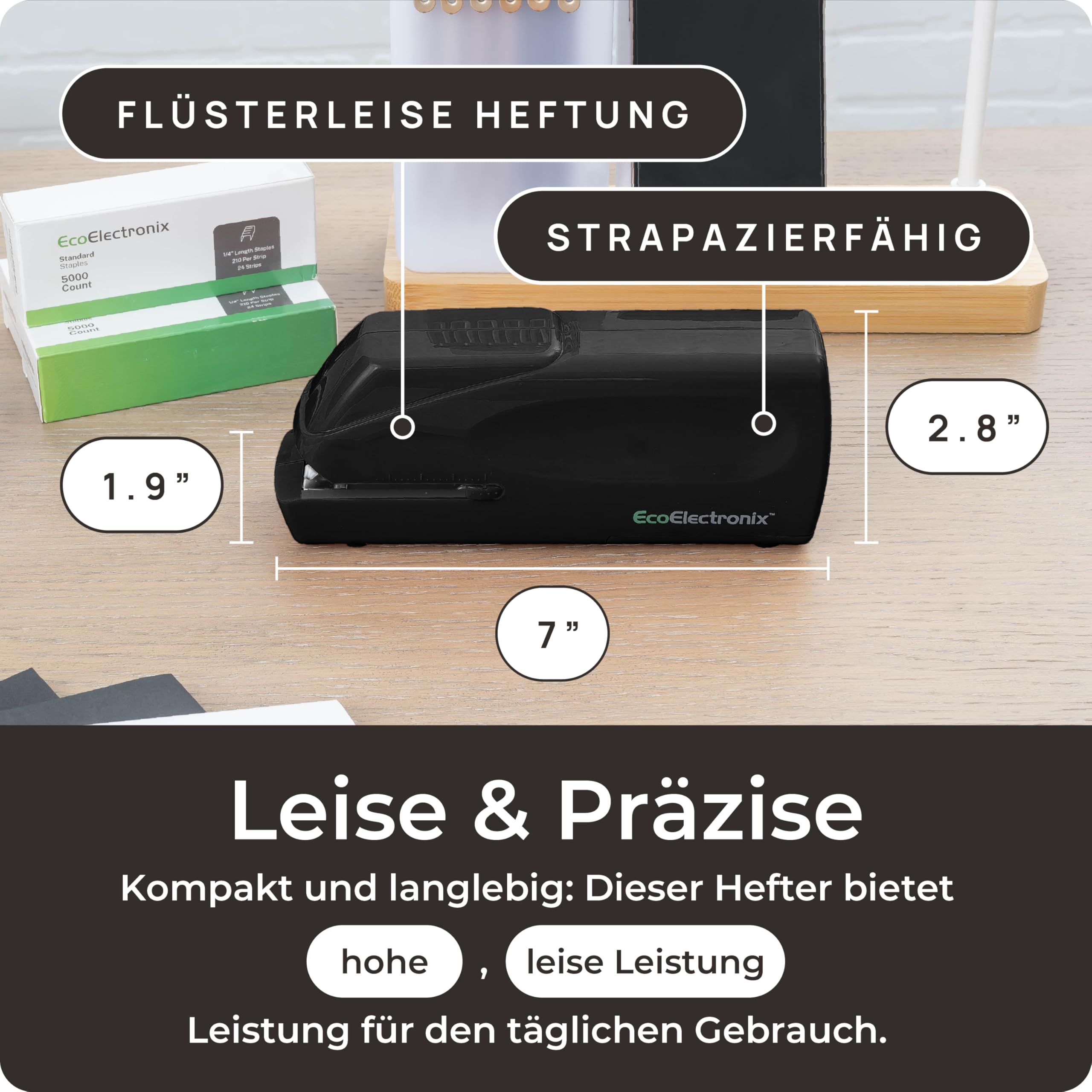 EcoElectronix Tragbarer automatischer elektrischer Heftgerät Pro – Kapazität von 30 Blatt, leiser Betrieb, staufrei und einfaches Nachladen – AC-Adapter/batteriebetrieben, Schwarz