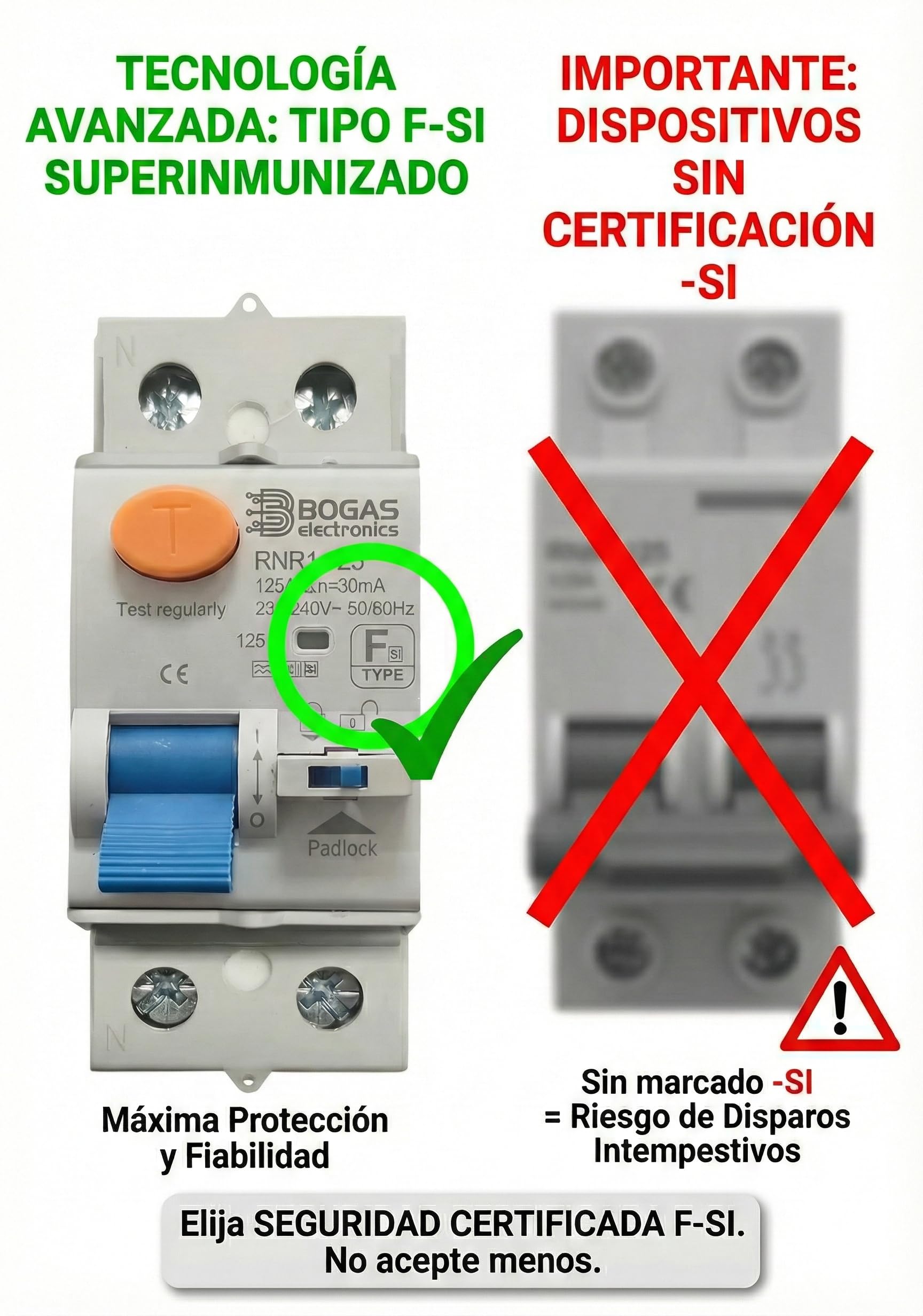 Differenziale Type F-SI |40 ampere|30mA|2 poli (N+F)| con certificazioni ufficiali e C E | (Type F-SI riarmante 40A 30mA)