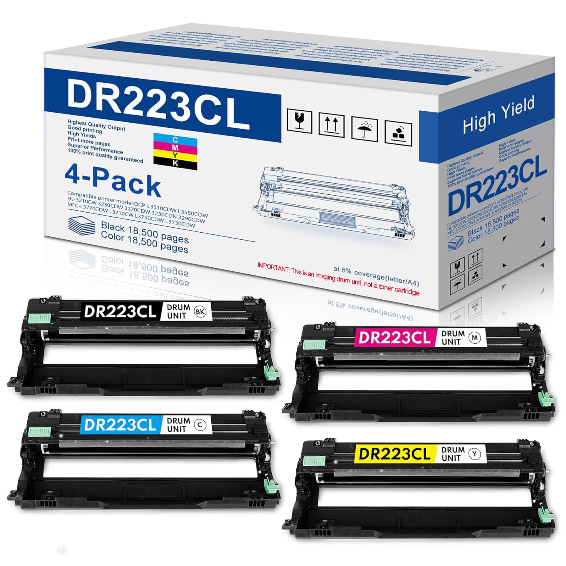 Photo 1 of ??DR223 DR223CL Drum Unit Set 4 Pack Replacement for Brother DR223CL DR-223 DR-223CL Drum MFC-l3770CDW Drum for MFC-l3710CW MFC-l3750CDW HL-l3270CDW Printer (1Black, 1Cyan, 1Magenta, 1Yellow)