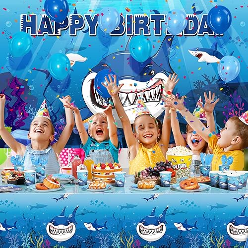 Miniatura 5 de Yaomiao 165 piezas de decoración de fiesta de cumpleaños de tiburón con platos de cumpleaños temáticos de fiesta de tiburón, servilletas, vasos,