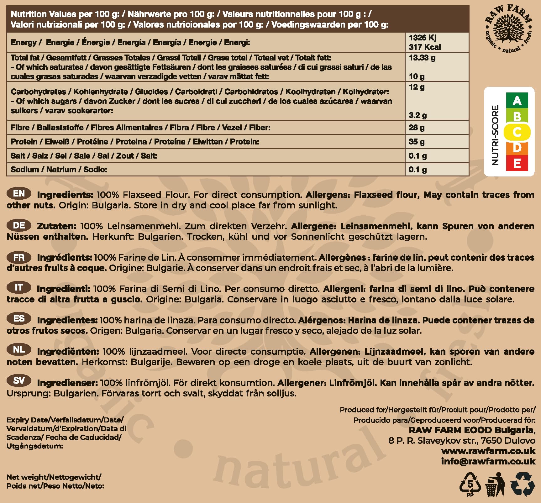 Raw Farm - Harina de Semillas de Lino - 1kg - 100% Pura, Sin Gluten, Rica en Proteínas, Baja en Carbohidratos, Sin Frutos Secos, Para Hornear, Cocinar y Smoothies