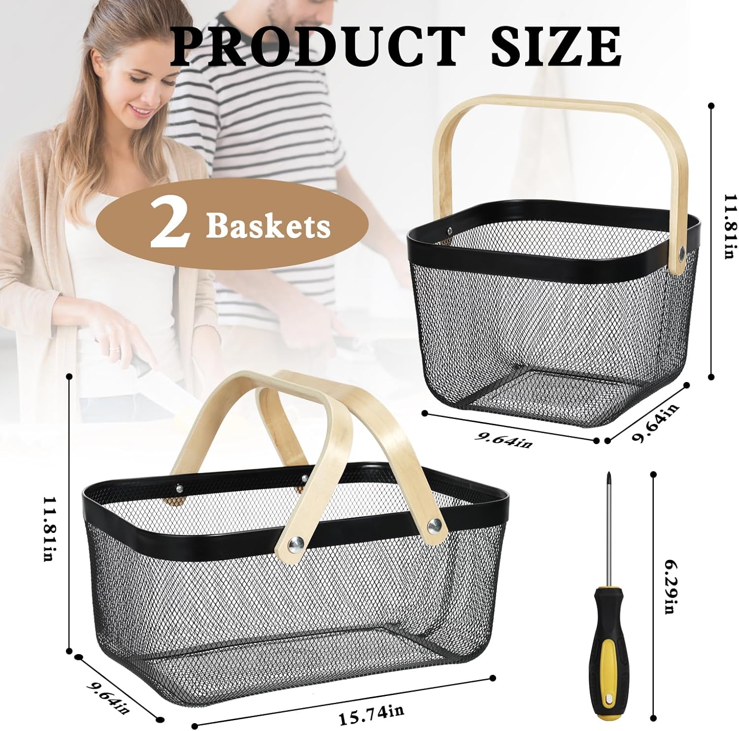 Dualshine 2 Pack Garden Harvest Basket, Metal Mesh Wire Picnic Basket with Handle, Rectangle Garden Baskets for Gathering Vegetables, Fruits, Kitchen, Home Cabinet Closet and Office(Black)