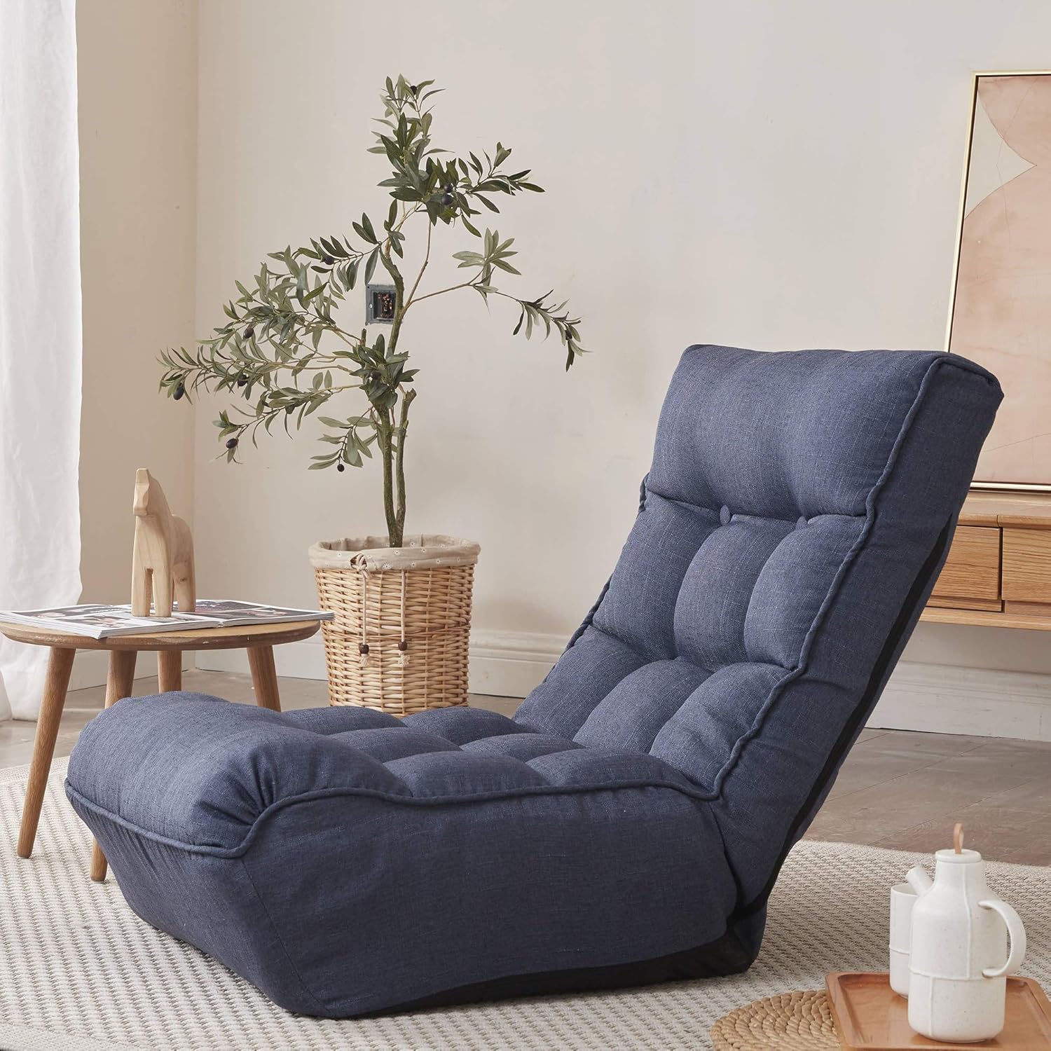 Floor Chair Single Lazy Sofa Leisure Balcony Reclining Japanese Tatami Adjustable Recliner with Ottoman for Living Room, Bedroom, Indoor Use(No Footstool, Navy)