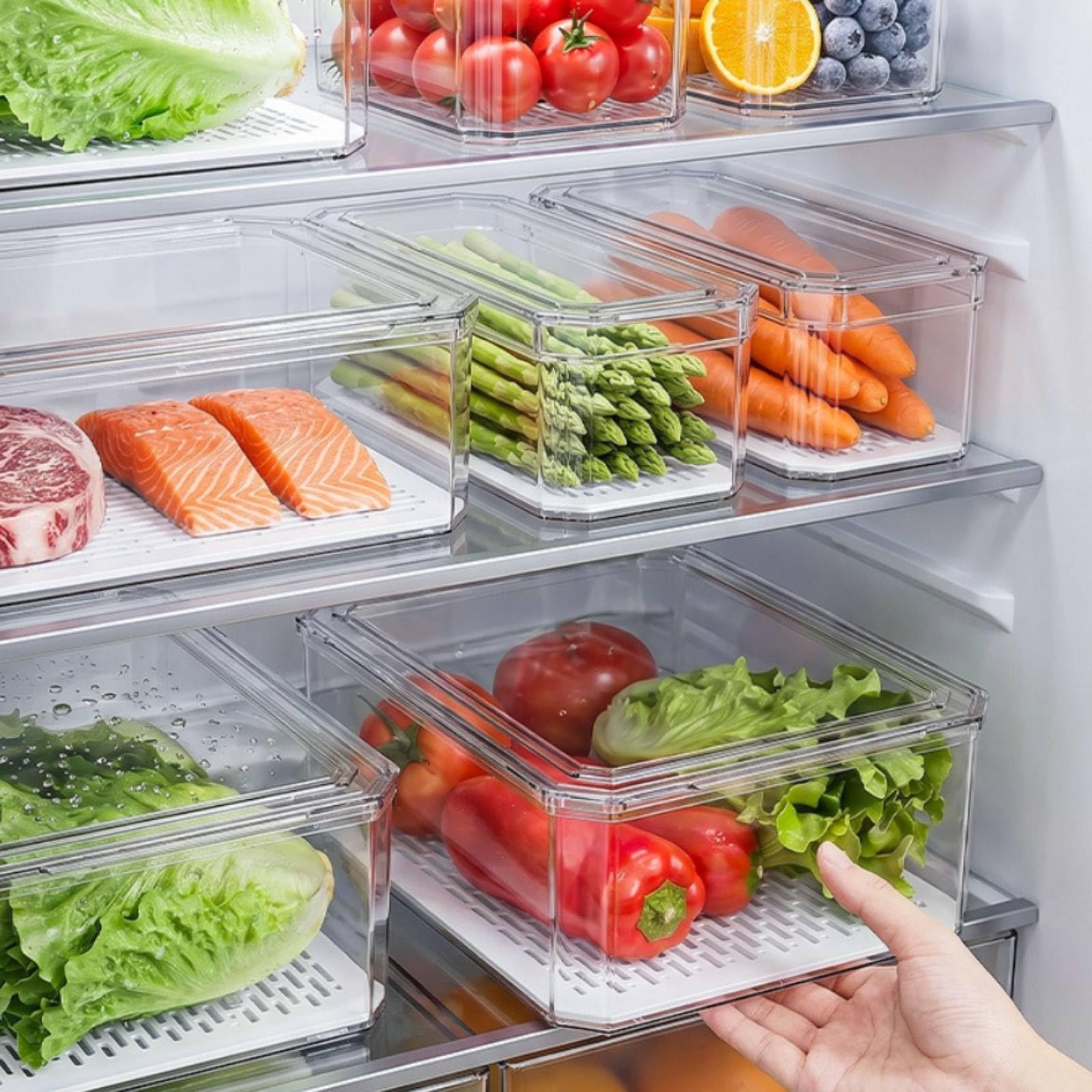7 Pezzi Contenitore con Vassoio Forato Trasparente Contenitore Impilabile Leggero Organizer da Cucina per Ripostiglio