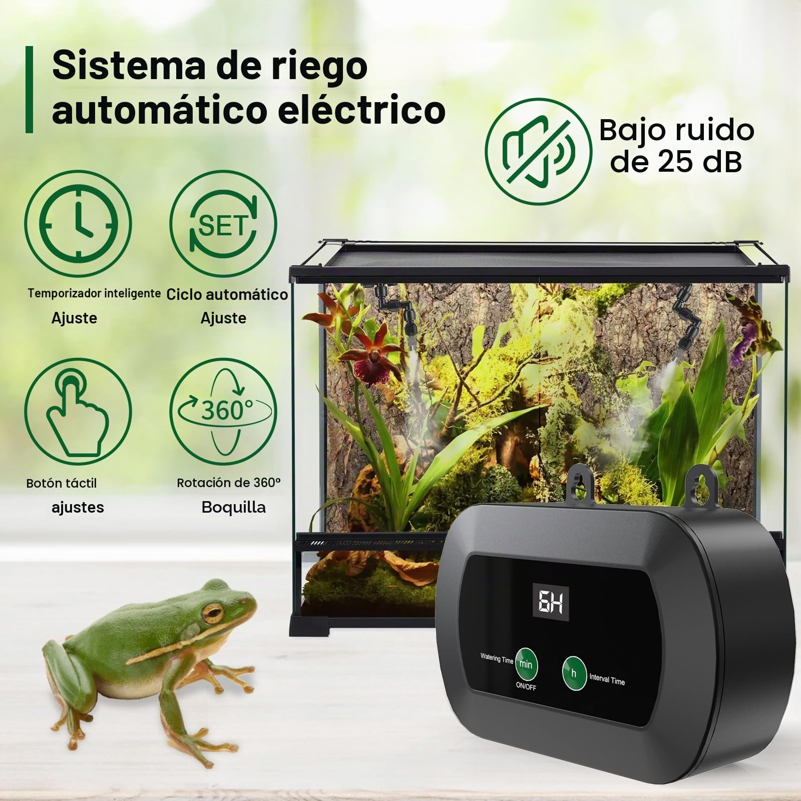 Inteligente Humidificador de Reptiles, Sistema de Riego Terrario, Boquillas Pulverizadoras Ajustable 360 °, Control Remoto por Teléfono Móvil Nebulizador Terrario para Plantas Reptiles