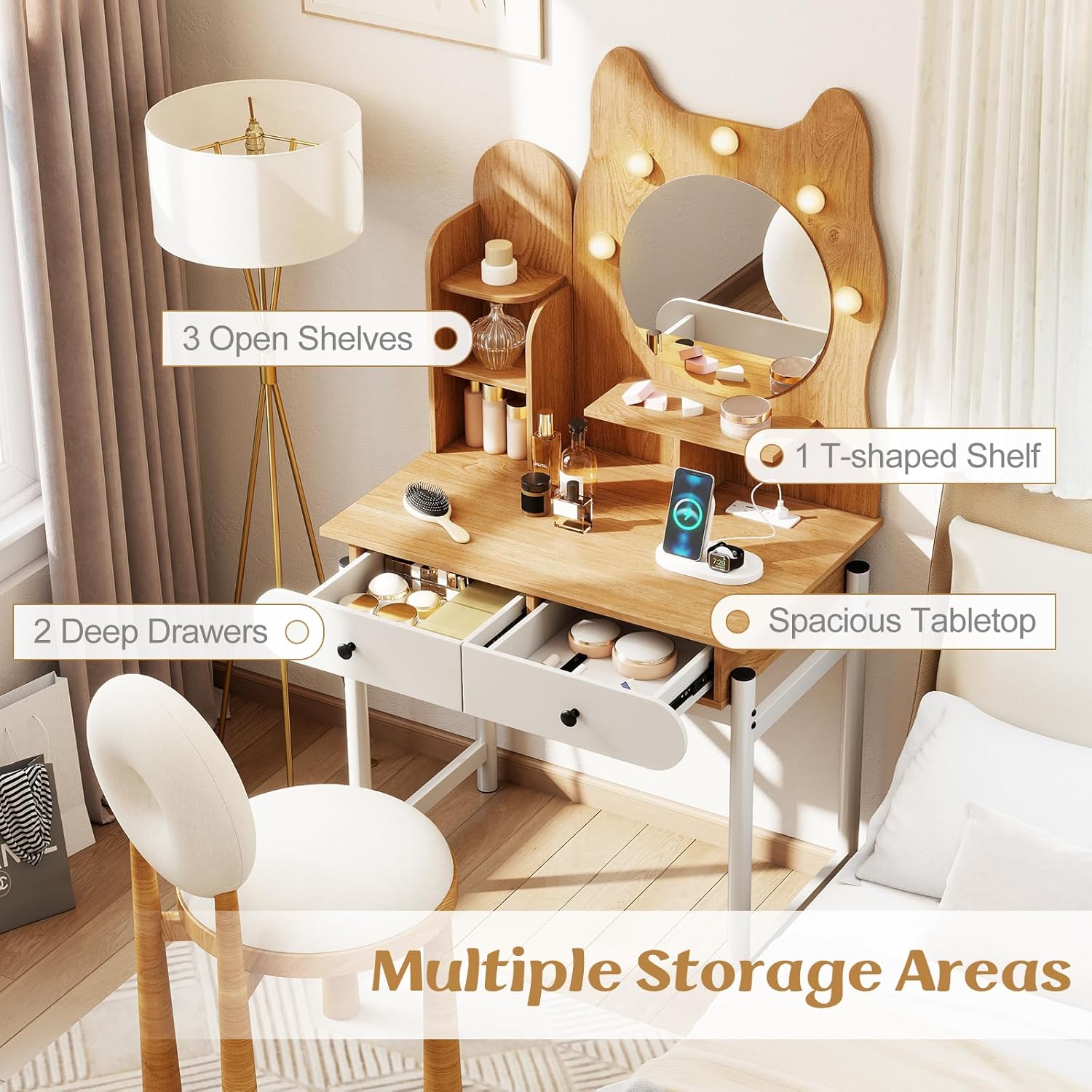 LOKO Cute Cat-Themed Vanity Desk, 31.5" Makeup Table with Kitty Ear Design, Charging Station, 3-Color LED Bulbs, Dimmable Brightness, Open Shelves & 2 Drawers, Modern Dressing Table for Women, Girls