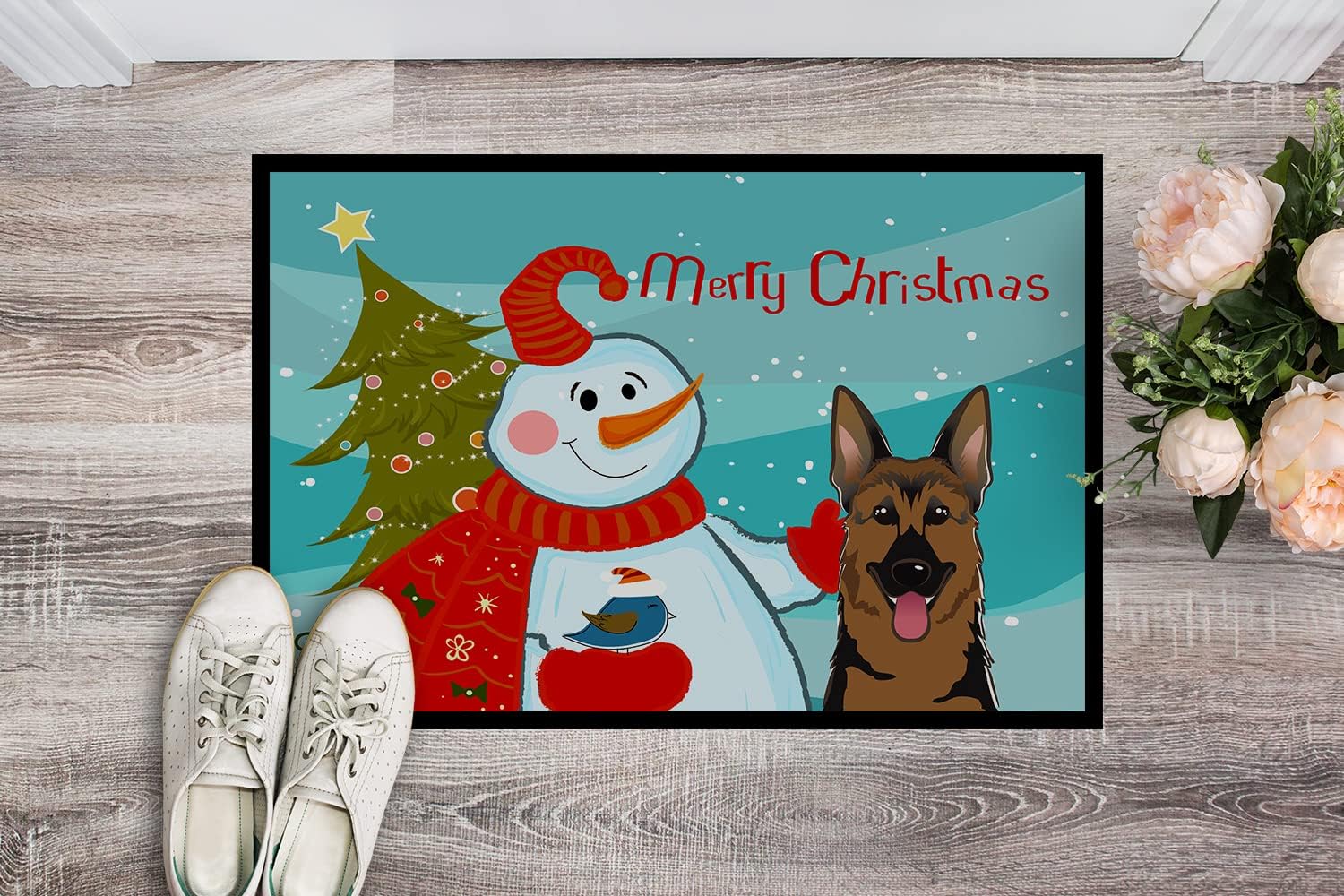 Caroline's Treasures BB1831JMAT Snowman with German Shepherd Doormat 24x36 Front Door Mat Indoor Outdoor Rugs for Entryway, Non Slip Washable Low Pile, 24H X 36W