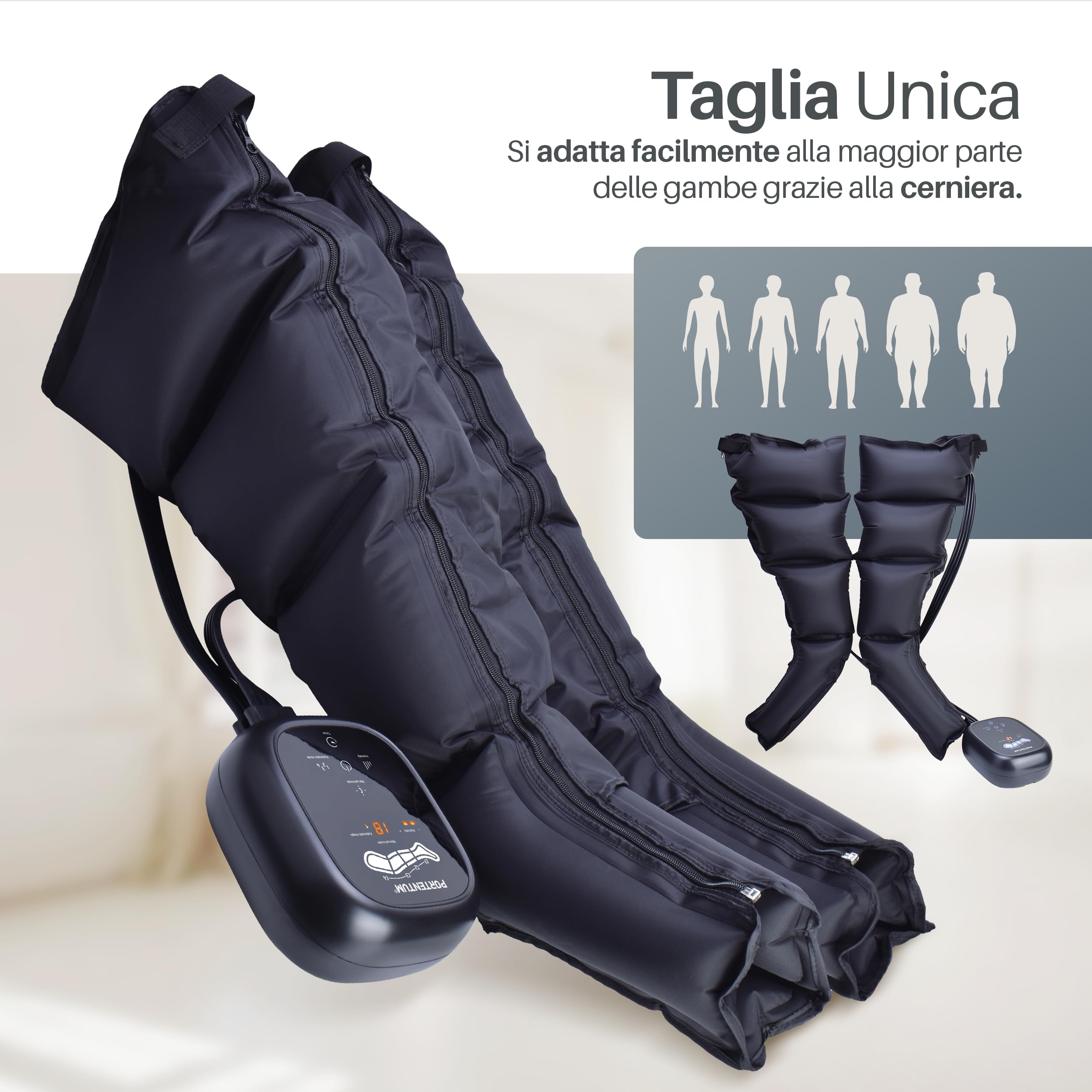 PORTENTUM Pressoterapia linfodrenaggio con batteria – Massaggiatore gambe e addome con 8 modalità e 3 intensità – Telecomando con schermo LCD – USB-C – Accessori per braccia e cintura – Borsa inclusa