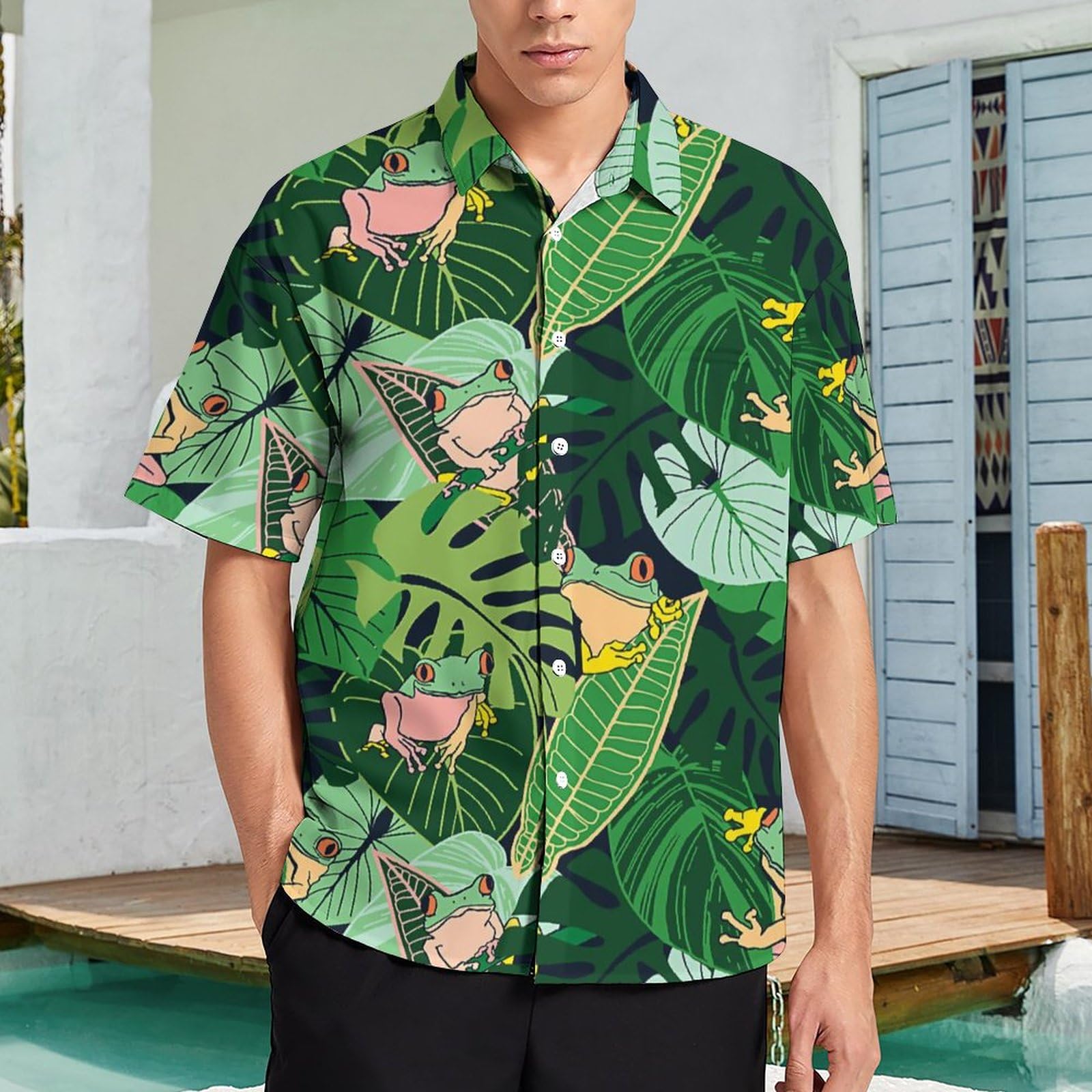 Amazon.co.jp: アロハシャツ メンズ 緑 葉 カエル 半袖 夏 かっこいい 