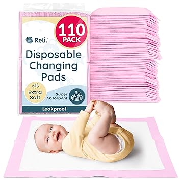 Reli. Disposable Changing Pads for Baby (110 Pack) | Disposable Diaper Changing Pads, 13" x 18" | Super Absorbent, Leak-Proof Liners | Waterproof, Quick Dry Underpads (Pink/White)