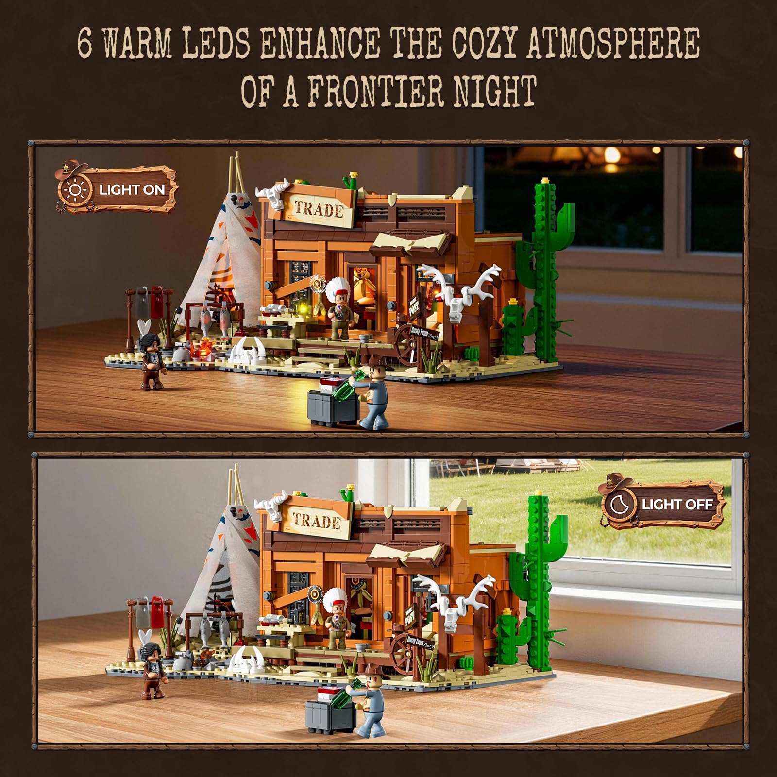 Lumibricks Western Fur Trading Post Bloques de construcción con iluminación para adultos, 1432 piezas, oficina comercial del salvaje oeste con almacén indio, modelo modular de colección, regalo para