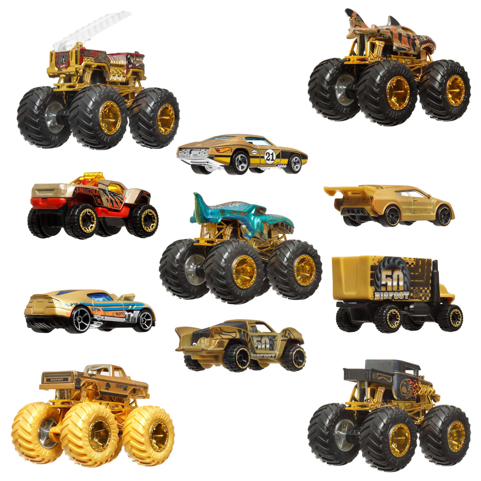 Hot Wheels Toy Cars & Trucks, Monster Trucks Trophy Champions Collection with Die-Cast Bigfoot, 5-Alarm, Bone Shaker - Image 3