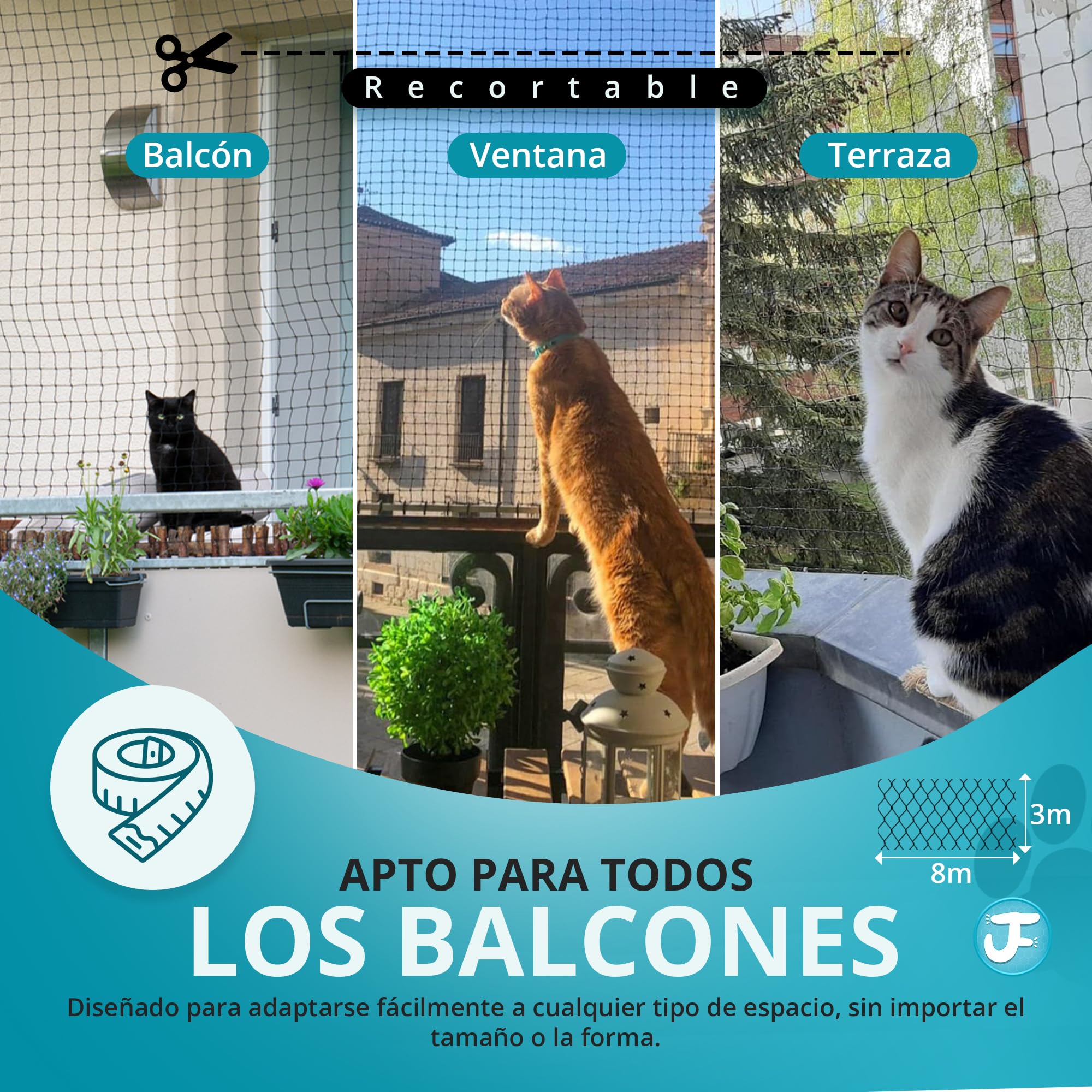 Red para Gatos Terraza (8x3m) | Red Gatos, Incluye Set de Fijación, Manual de Instrucciones - Red Gatos terraza (Color Negro) - Red para Gatos