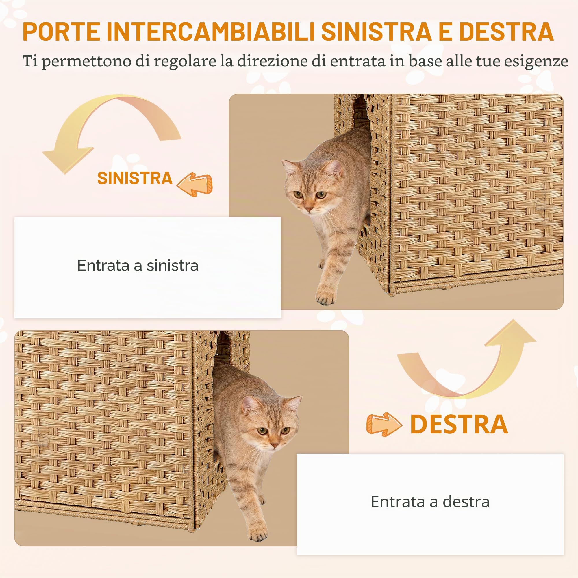Mobile Lettiera per Gatti in Rattan Intrecciata a Mano, Naturale | Casetta per Gatti con Tappetino e 2 Ganci a Forma di S, Mobile Nascosto per Lettiera, Soggiorno, 77x46,5x55 cm EFPCB001RN1
