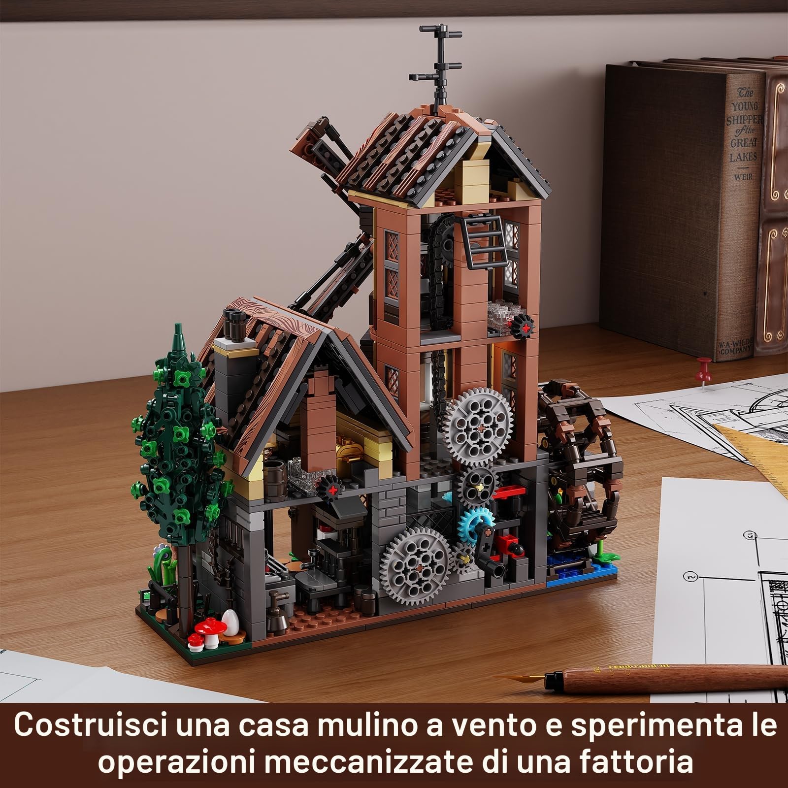 TYCOLE Set di Mattoncini 1436 Pezzi - Cabin di Legno con Luci LED, Mulino a Vento e Ruota ad Acqua Meccanici - Casa Modello di Costruzione per Adulti e Bambini