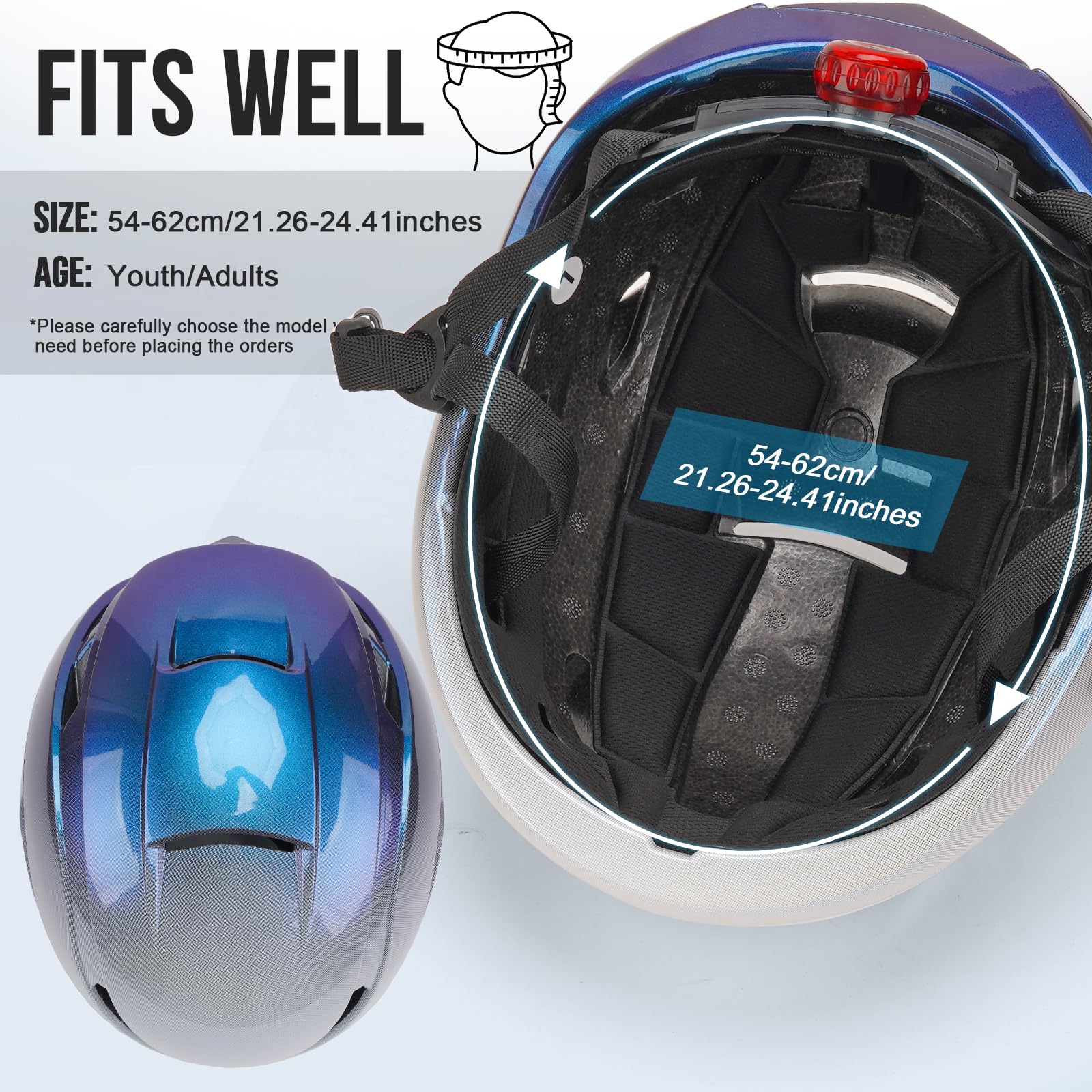 Casque de Vélo Adulte Léger avec Lumière LED Arrière 54-60 cm Aéré Réglable Route VTT
