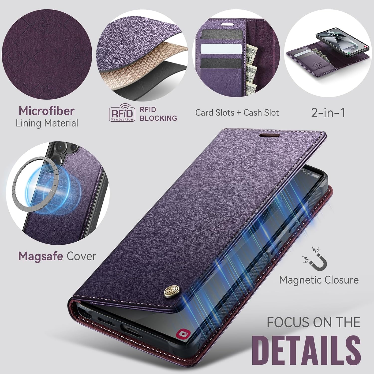 Wallet Case for Samsung Galaxy S24 Ultra Compatible with Magsafe, 2-in-1 PU Leather Flip RFID Blocking Card Holder Stand Shockproof Magnetic Detachable Cover for Galaxy S24 Ultra, Purple - Image 6