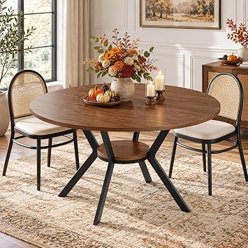 42" Round Dining Table for 4, Farmhouse Kitchen Table with Storage, Space Saving Circle Dinner Table, Rustic Wood Kitchen & Dining Room Tables with Metal Legs for Home, Apartment, Office, Restaurant