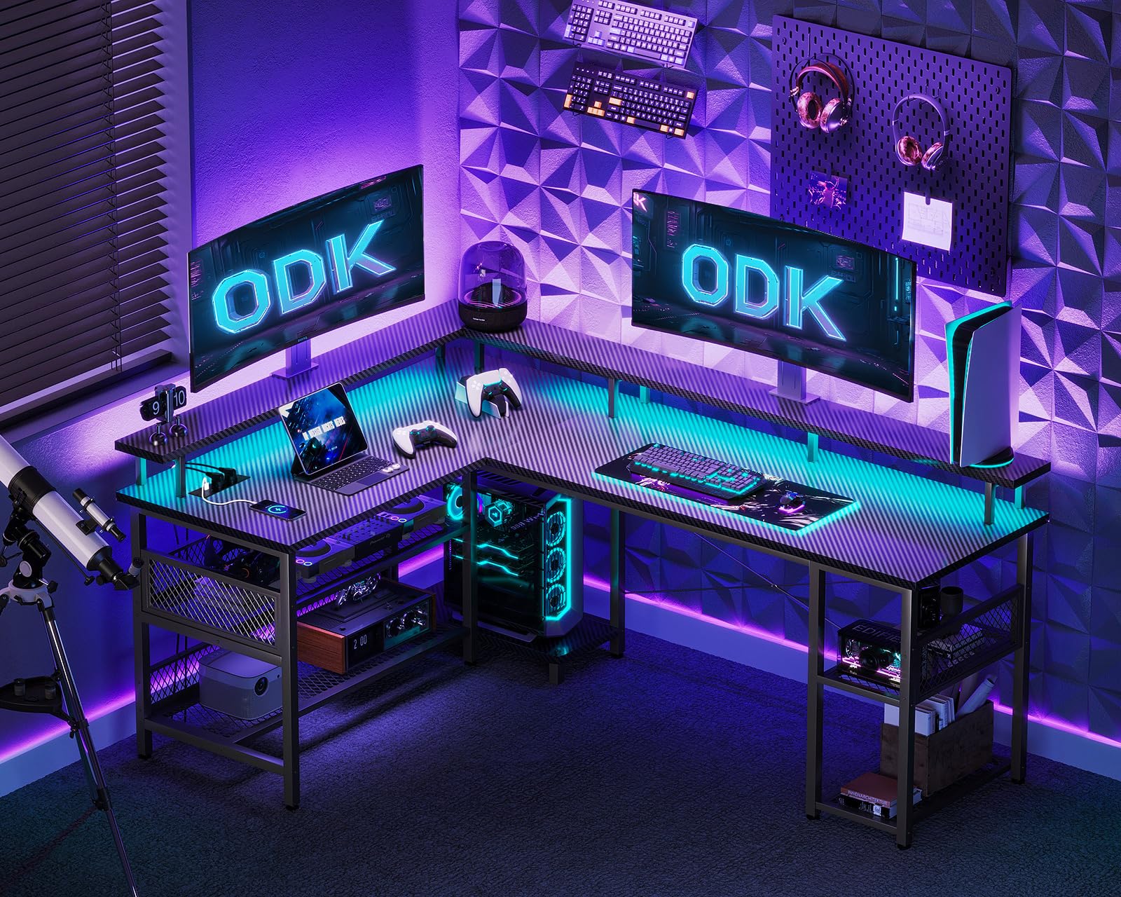 ODK Scrivania Gaming con LED, 168×120cm, Carbonio nero | reversibile, con scaffale e prese, scrivania angolare con vano portaoggetti e spazio