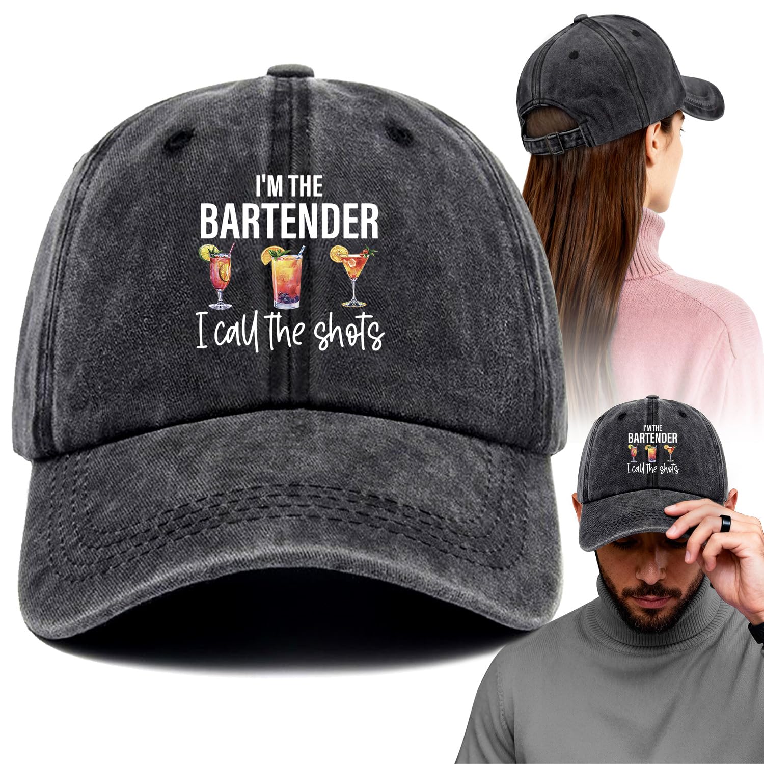 I'm The Bartender Funny Printed Cotton Baseball Cap Adjustable Retro Washed Lightweight and Breathable Unisex Sun Hat, Gifts for Bartender Humorous Drink Lovers Adult Parties Bachelor Party Friend