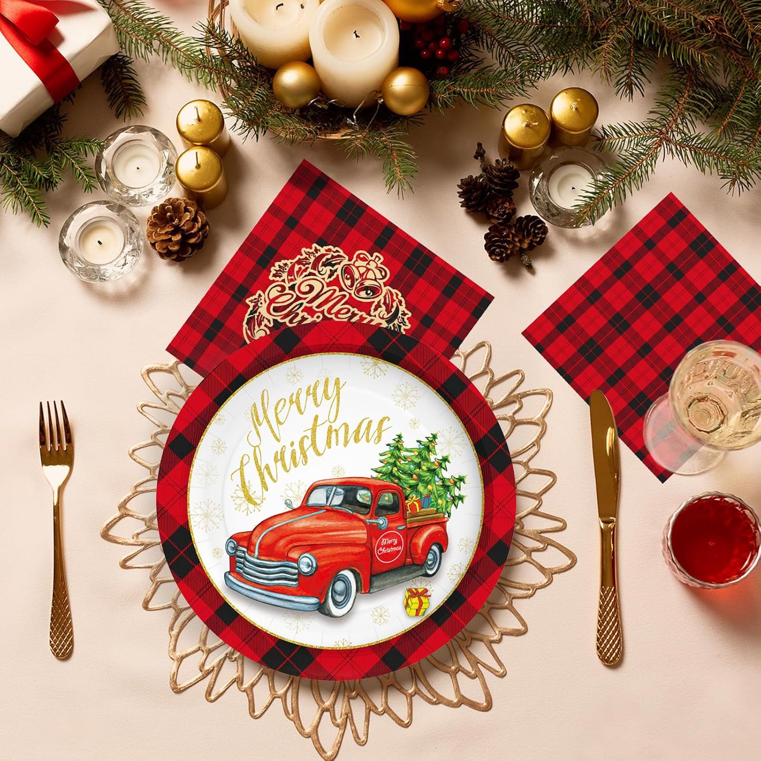 Tbsone 200PCS Christmas Paper Plates and Napkins Disposable - Red & Black Buffalo Plaid Design, Xmas Party Dinnerware for Holiday Decorations, Serves 50 Guests