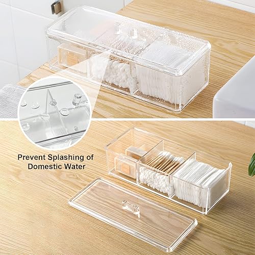 Miniatura 4 de Qtip - Dispensador de bolas de algodón y hisopos con tapa, acrílico transparente, 3 compartimentos, recipientes de baño, organizador de almohadilla