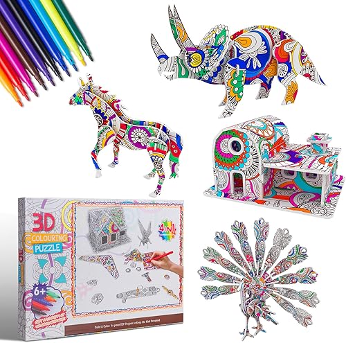 Juego de rompecabezas para colorear 3D, 4 rompecabezas de animales con bolígrafo, artes y manualidades para niñas de 6, 7, 8, 9, 10, 11, 12 años
